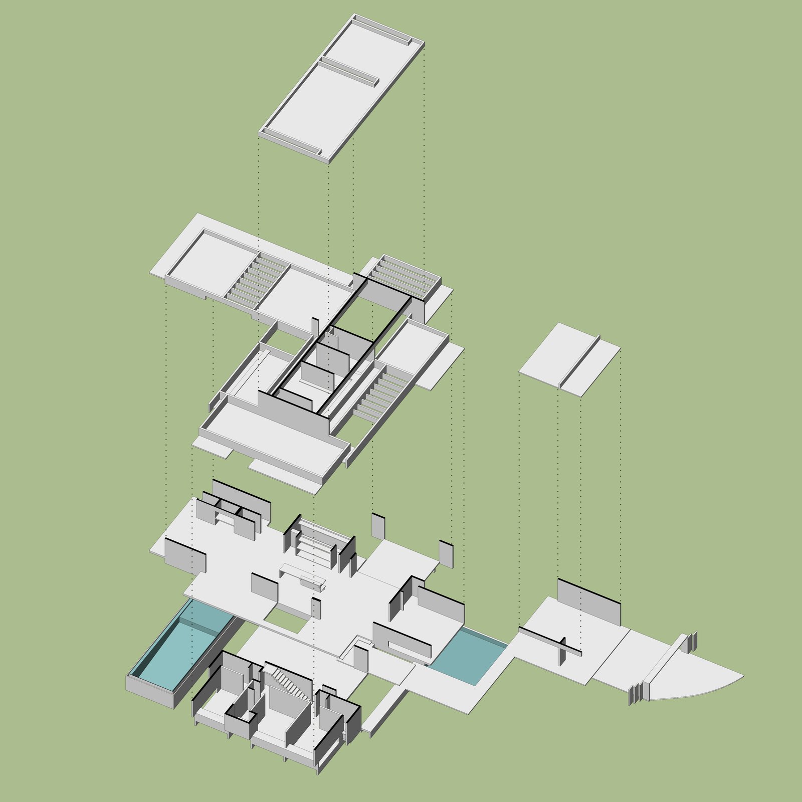 Casa moderna con vistas aéreas, escaleras flotantes y piscinas — proyecto Casa Leloir, por Besonías Almeida arquitectos, en Parque Leloir