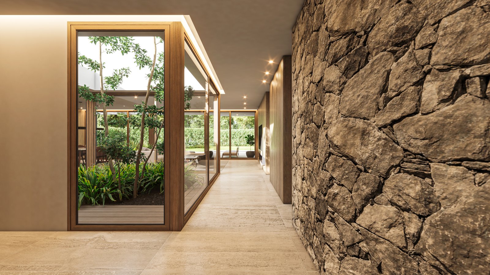 Pasillo con muro de piedra y patio interior arbolado — proyecto Casa CITY, por Grupo CRBN, en City Bell