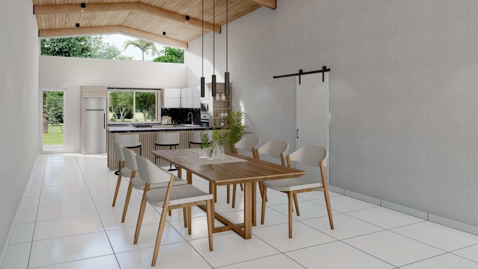 Sala de jantar moderna de pé-direito duplo com vigas de madeira expostas — projeto Casa de Campo, por Arquitecto Gustavo Maidana, em Col. Santa Rosa