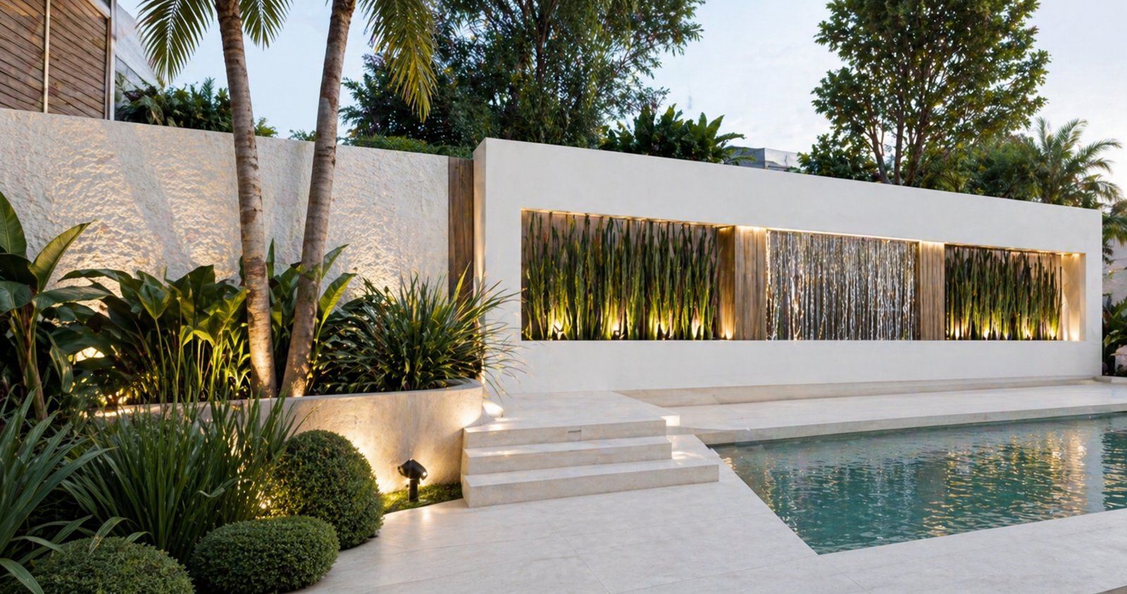 Modern exterior con piscina, jardín vertical y luces integradas — proyecto Diseño Paisaje , por HEIM ARQUITECTURA INTERIOR , en Belén de Escobar