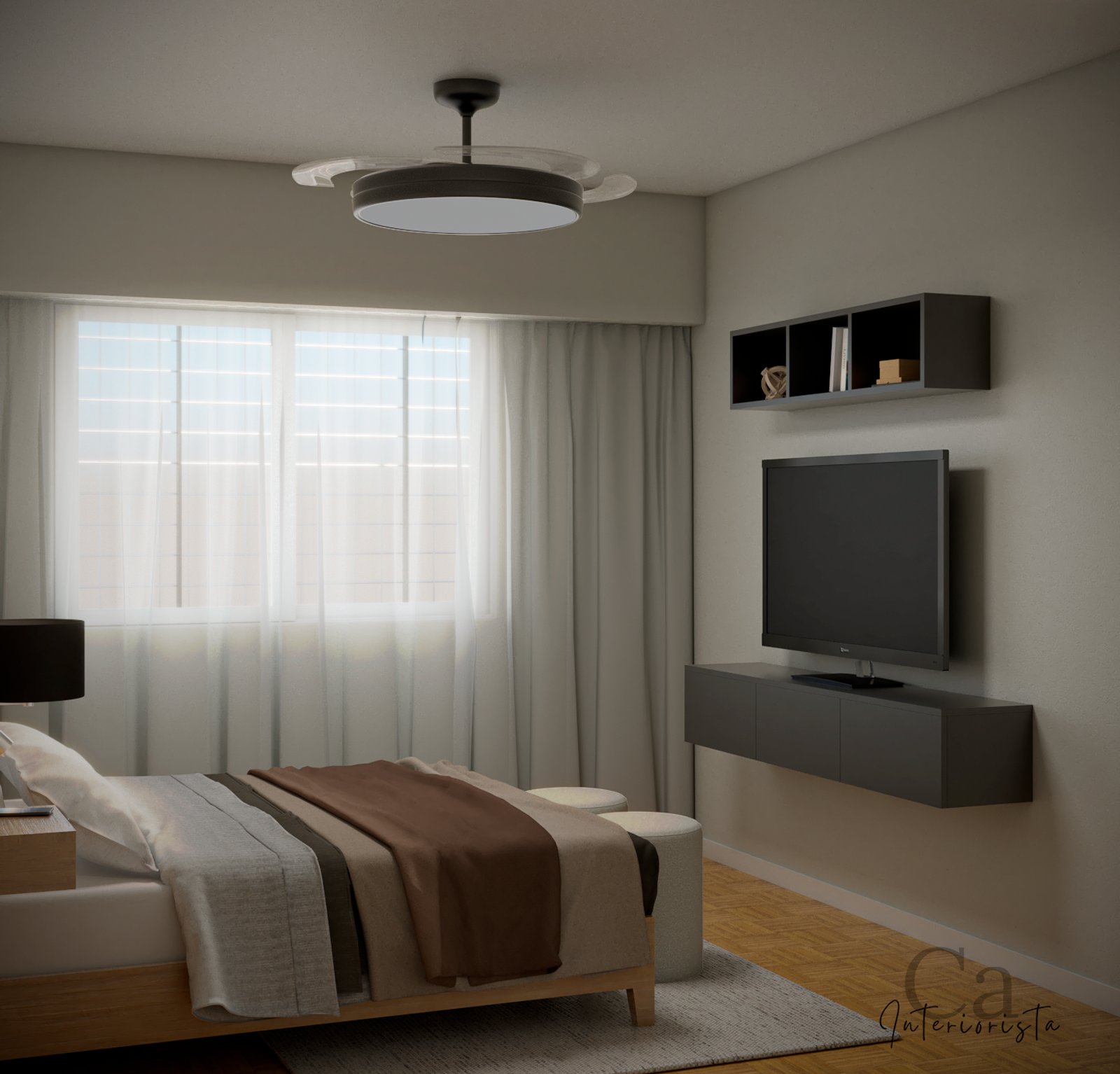 Dormitorio moderno con cama off white y estanterías flotantes — proyecto Dormitorio Principal, por Carolina Interiorista, en Colegiales