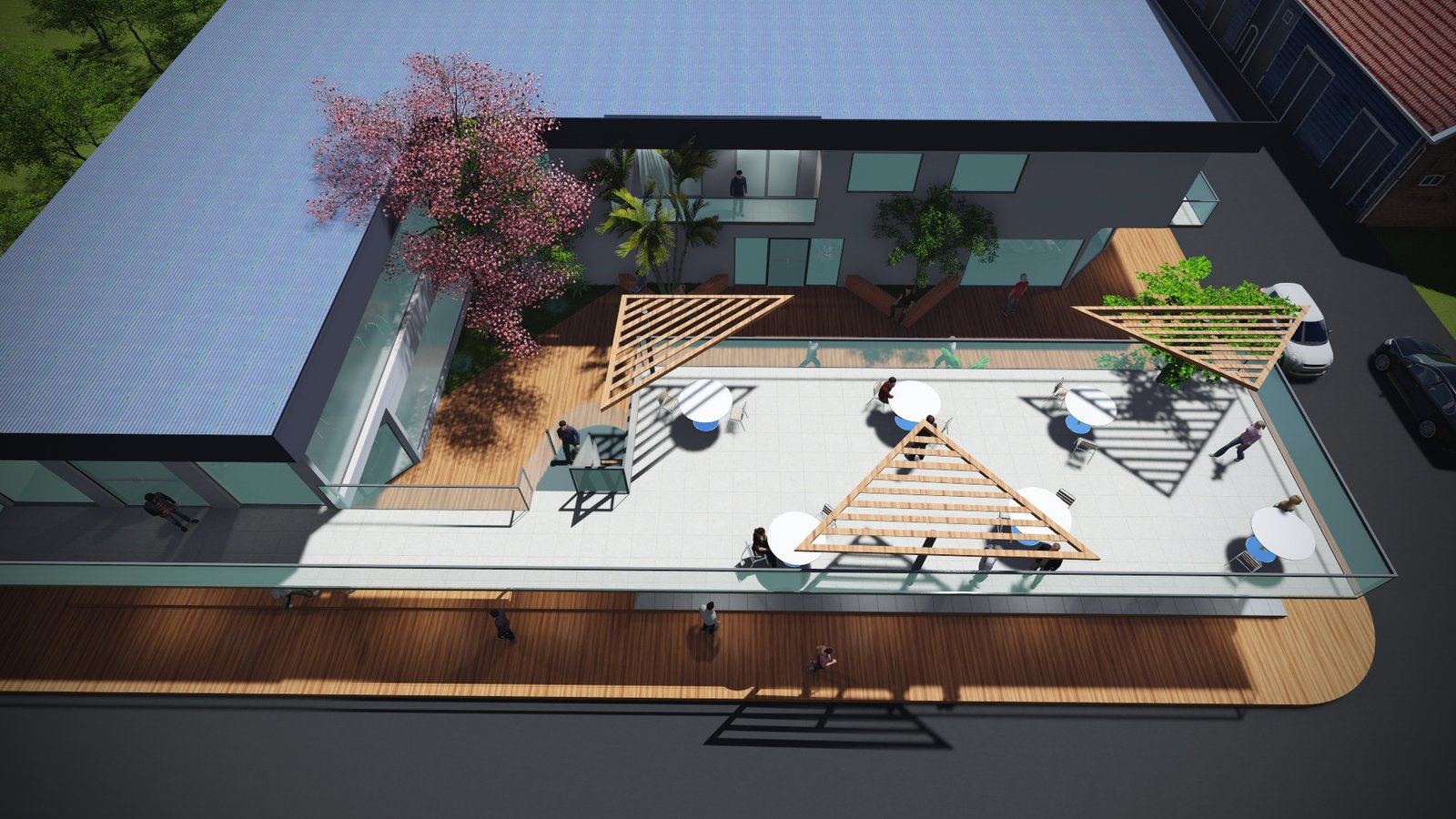 Terraza moderna con pérgolas geométricas y vegetación exuberante — proyecto Complejo Comercial en Paso de La Patria, por Arquitecto Gustavo Maidana, en Paso de la Patria