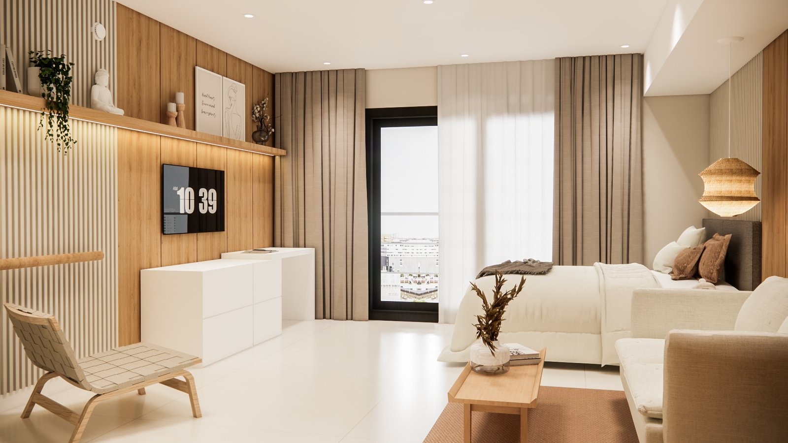 Dormitorio moderno escandinavo con sala de estar integrada — proyecto Departamento funcional y acogedor, por Mela Deco Design, en Buenos Aires