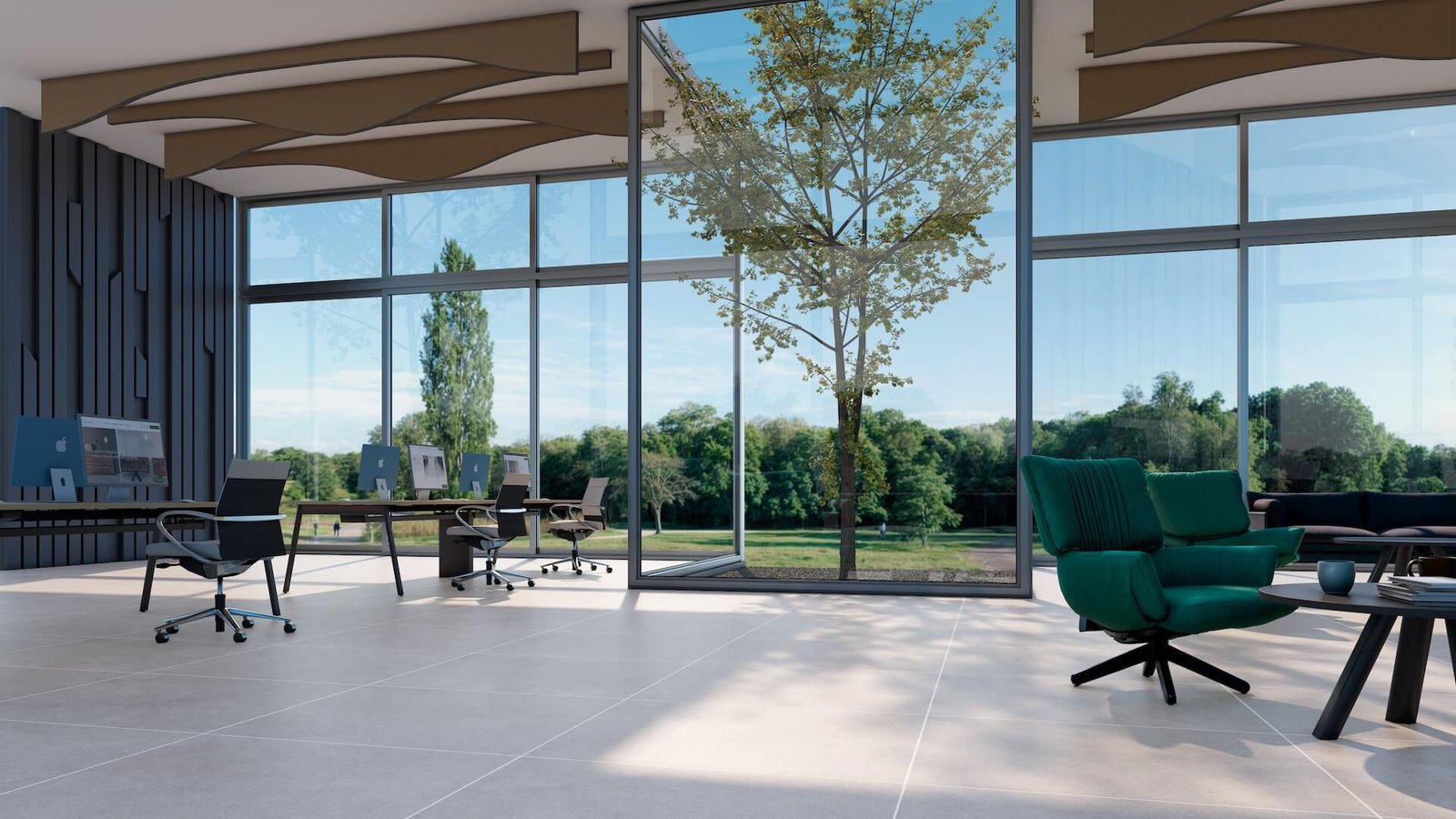 Oficina moderna con ventanales, árbol interior y sillones verdes — proyecto Piedra, por TENDENZA, en Buenos Aires