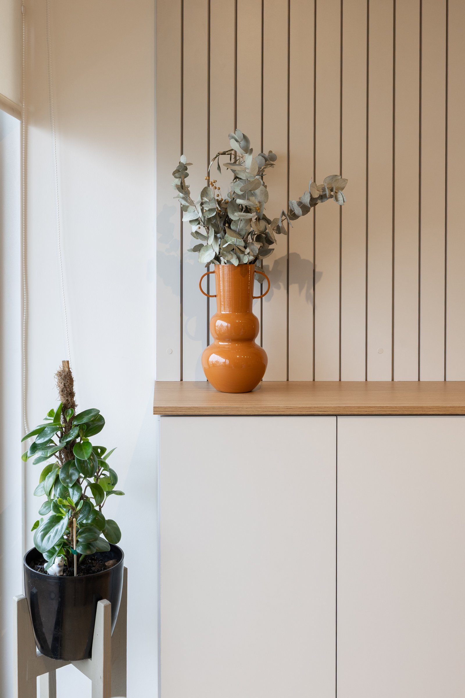 Sala de estar moderna con jarrón naranja y planta — proyecto Rio, por Martina Kleinert, en Saavedra