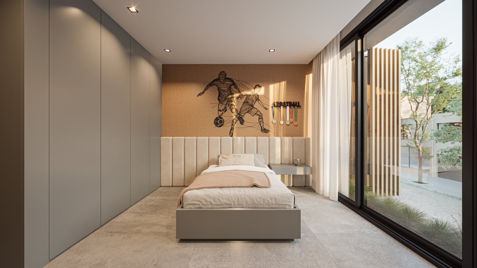 Quarto moderno com arte, paredes texturizadas e armazenamento integrado — projeto Casa IZA, por Grupo CRBN, em Villa Urquiza