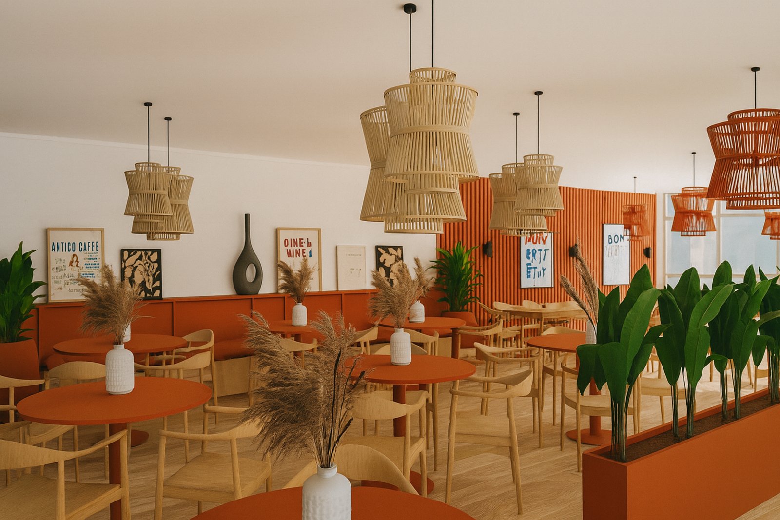 Restaurante boho-mediterráneo con luces de mimbre y mesas de madera — proyecto Proyecto FABA Federación Bioquímica de la Provincia de Buenos Aires, por ivanadesign.estudio, en La P