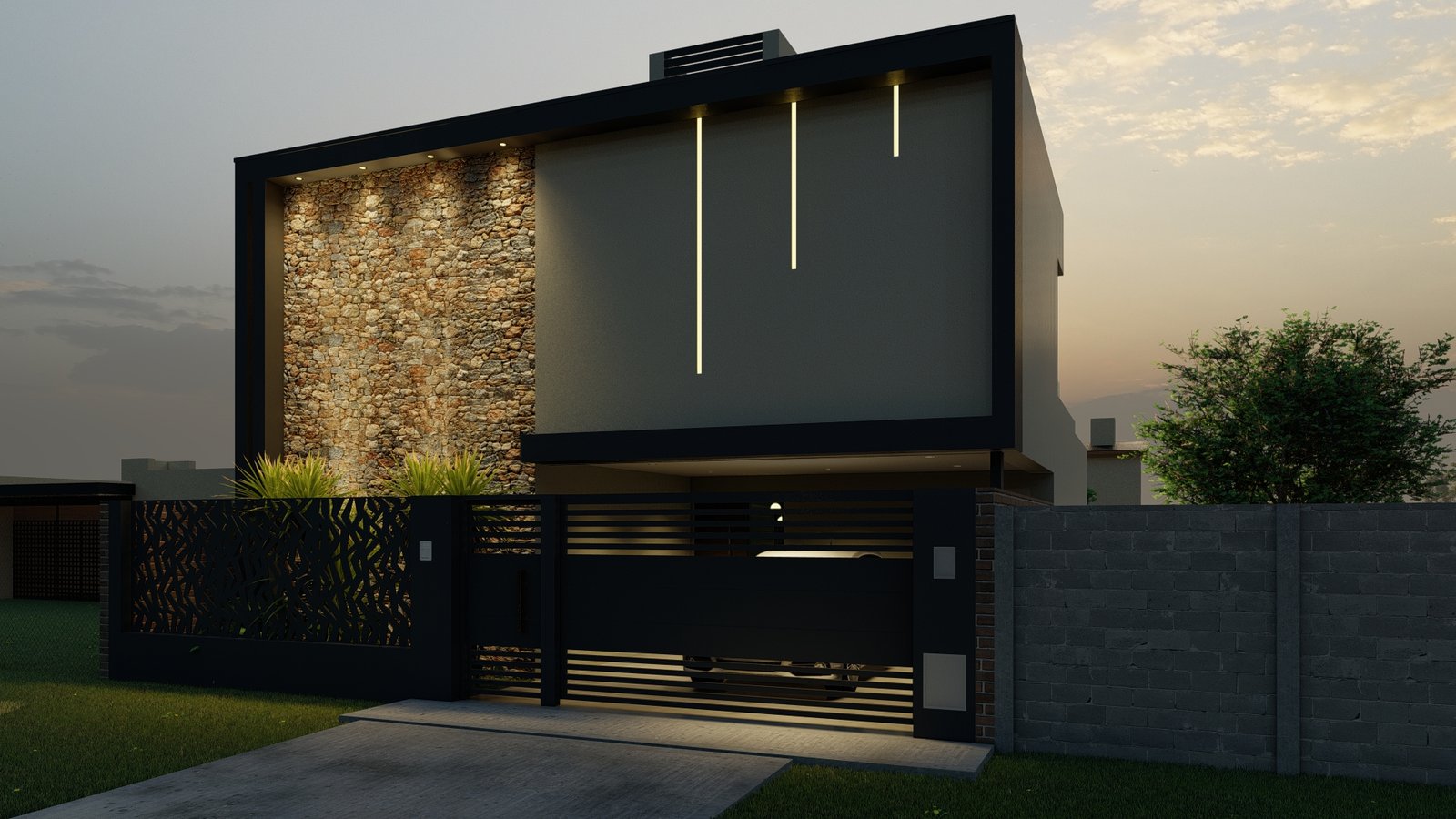 fachada moderna com detalhes em pedra e iluminação linear — projeto Casa La Serena, por MAS Arquitectura, em Alvear