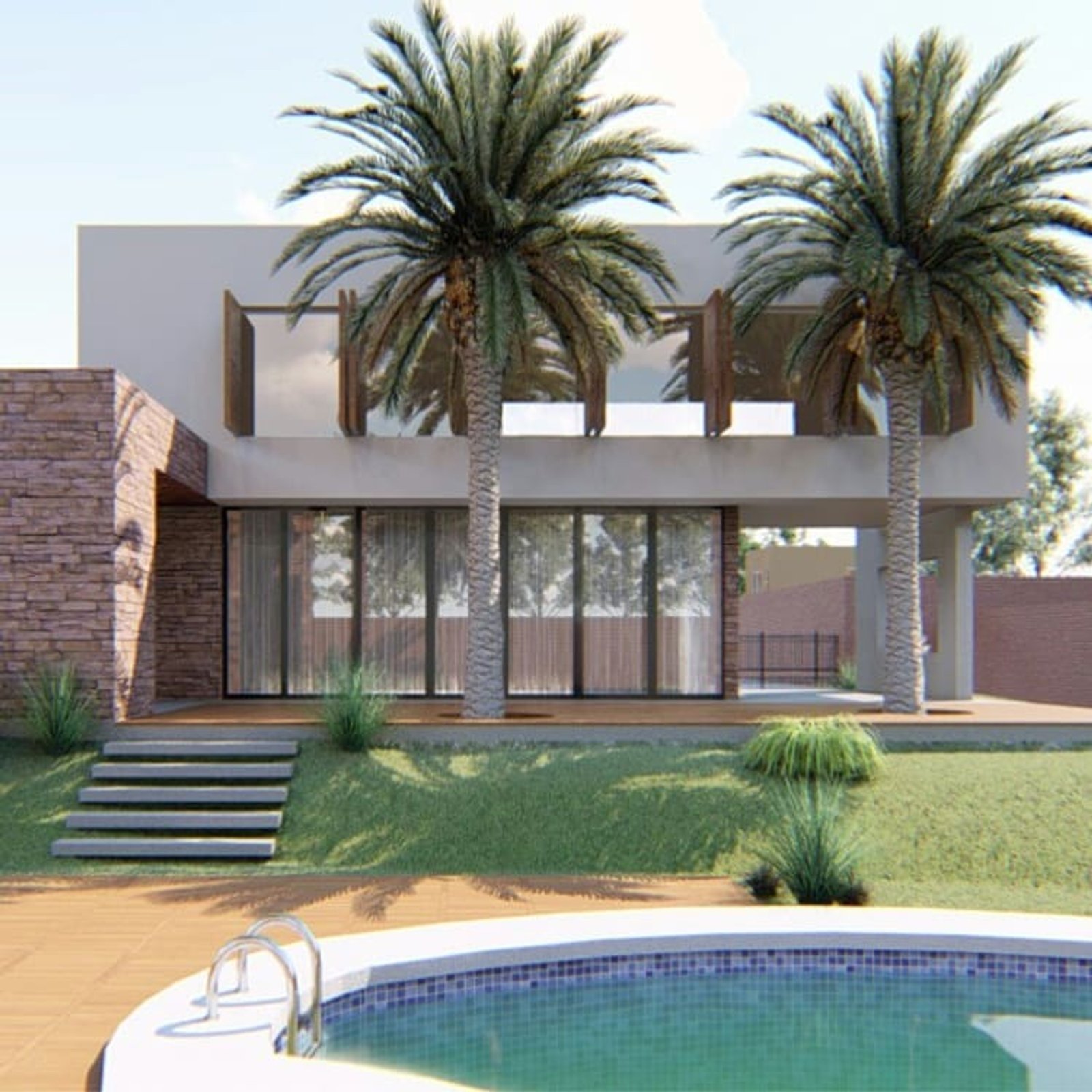Casa moderna con palmeras, piscina curva y fachada de hormigón — proyecto Casa en el Pato 2, por Arquitecto Guido Niccoli, en El Pato