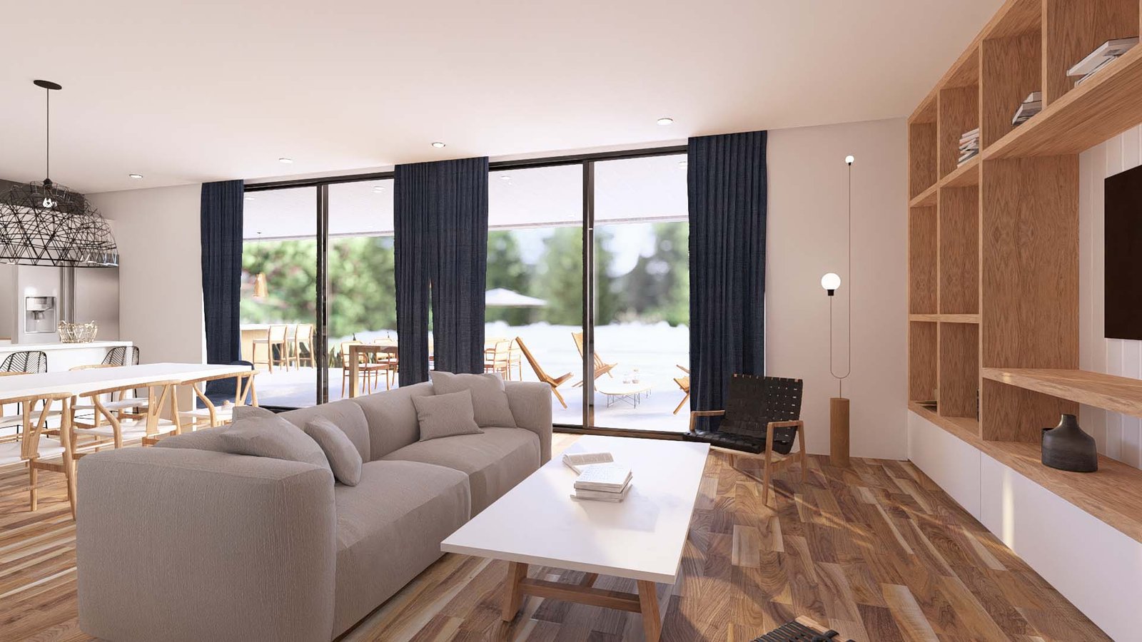 Living comedor moderno con ventanales, sofá modular y estanterías de madera — proyecto Casa JM, por Hermann Arquitectos, en X6VF+67