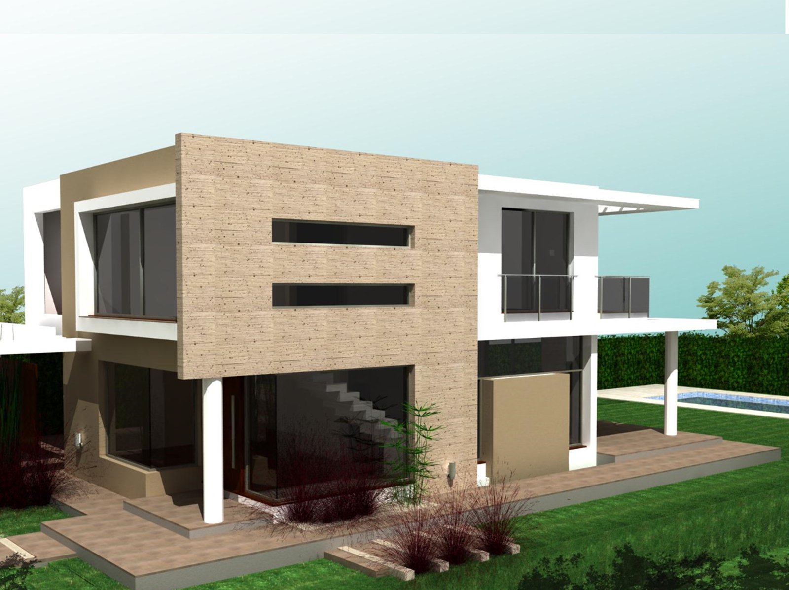 Fachada moderna con volúmenes geométricos y amplios ventanales — proyecto Proyecto G, por TERROC, en Maipú