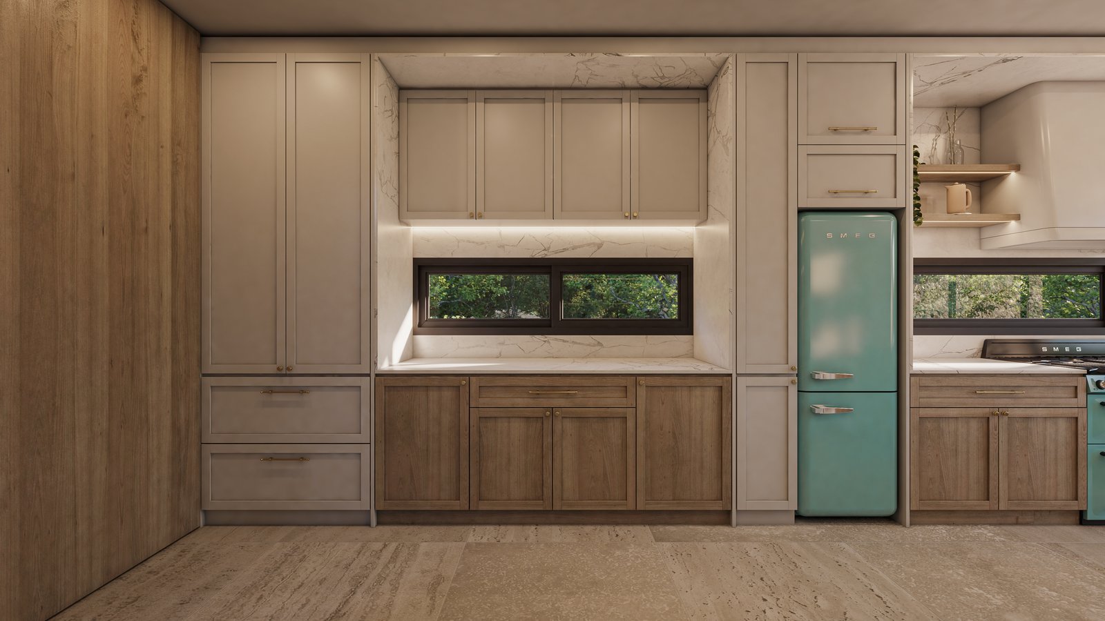 Cocina moderna con muebles de madera y refrigerador vintage — proyecto Casa GOLF, por Grupo CRBN, en Ruta Panamericana Nº. 9