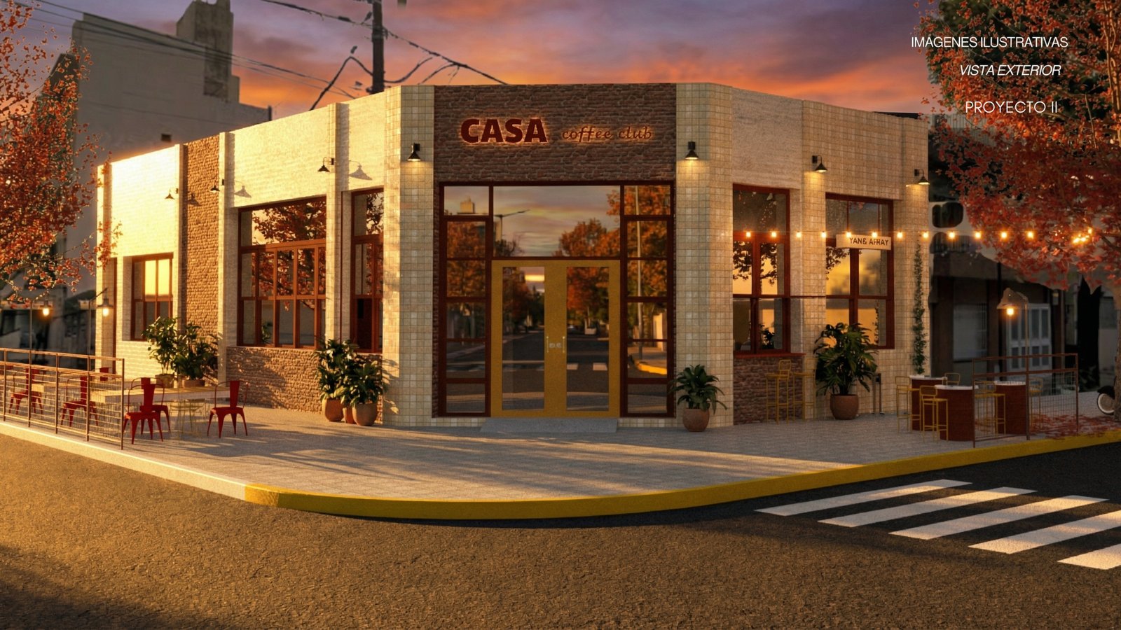 fachada moderna de ponto comercial ao entardecer — projeto CASA coffee club, por Camila Gajardo, em Rosario