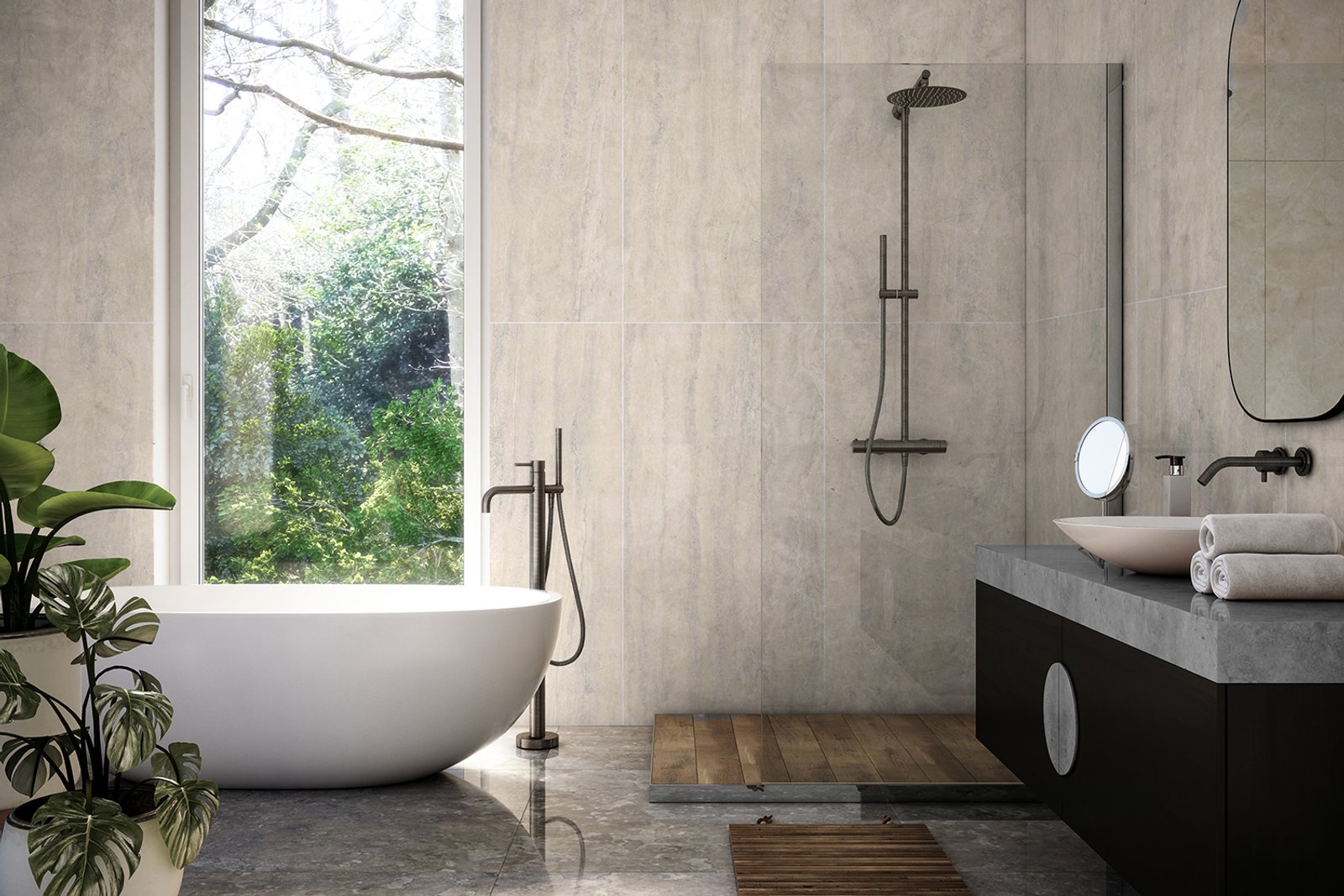 Baño moderno con ventana al bosque y bañera exenta — proyecto 60x120, por Cerámica Alberdi 