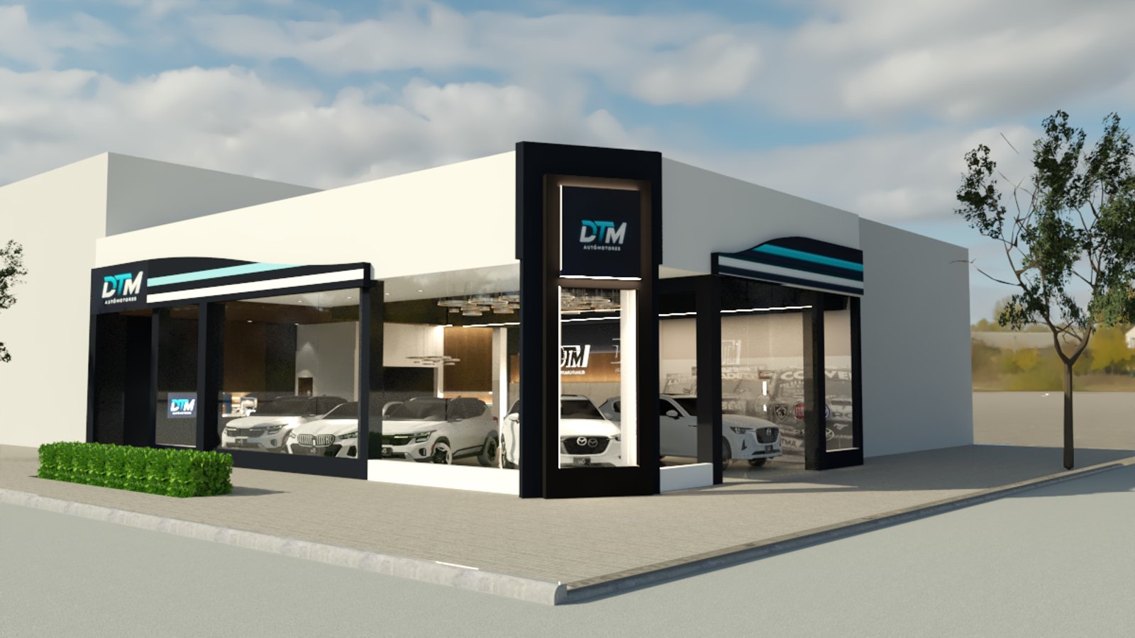 Fachada de concesionario de autos moderno con showroom vidriado — proyecto AGENCIA DTM, por Amorosi Espacios de Diseño, en Gral. Conesa