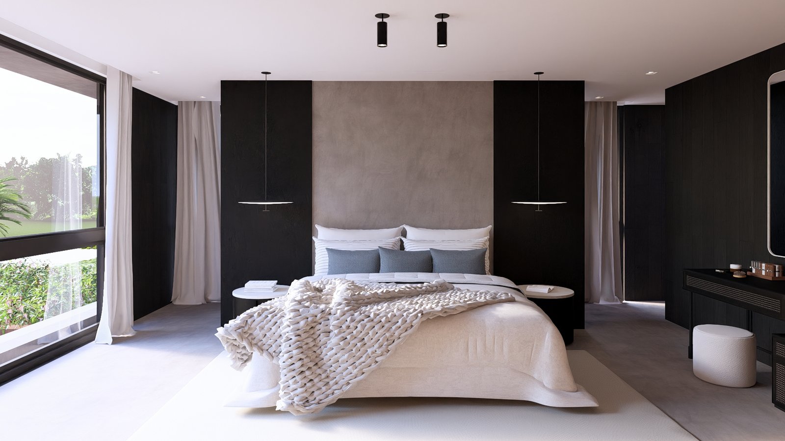 Dormitorio moderno con paredes de microcemento y muebles empotrados oscuros — proyecto Casa SF, por Hermann Arquitectos, en Los Cipreses 2