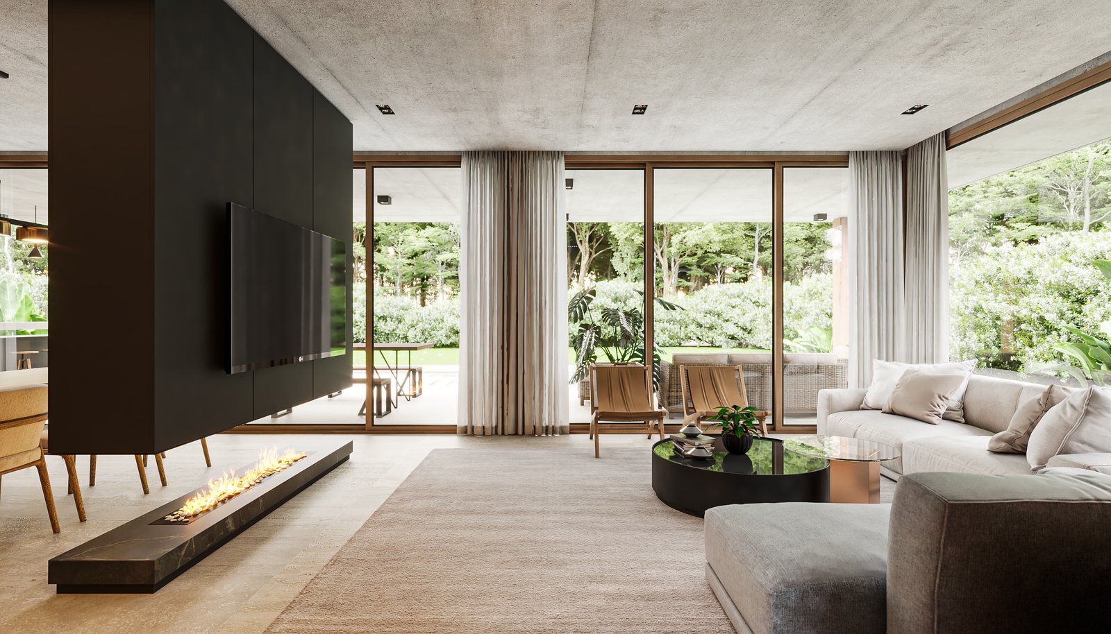 Living moderno con ventanales al bosque y chimenea lineal — proyecto Casa BRAVA, por Grupo CRBN, en Alejandro Korn