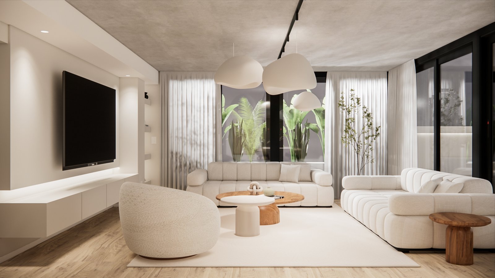 Living moderno con sofá curvo y luz indirecta — proyecto Diseño para departamento acogedor y elegante, por Mela Deco Design, en Buenos Aires