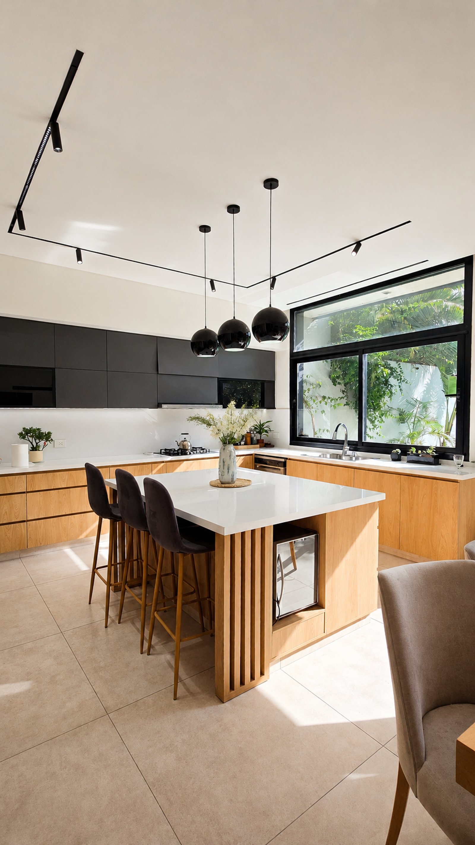 Cocina moderna con isla central, isla cascada, madera y negro — proyecto Casa YyF, por Smr Arquitectura , en B1828 Banfield