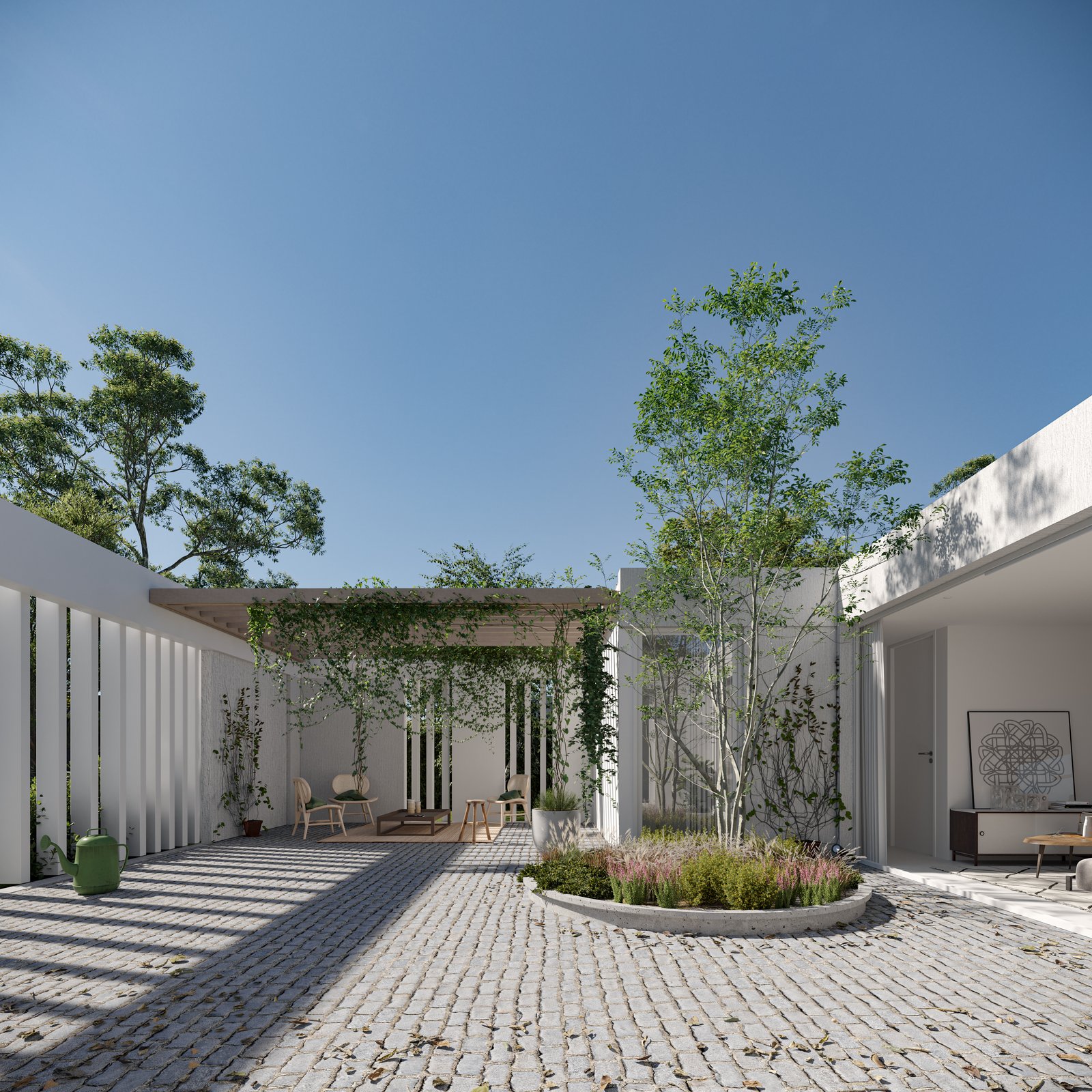 Pátio moderno com vegetação integrada e fachada de concreto — projeto Casa Z, por LW Lopez Wolder arquitectos, em Zárate