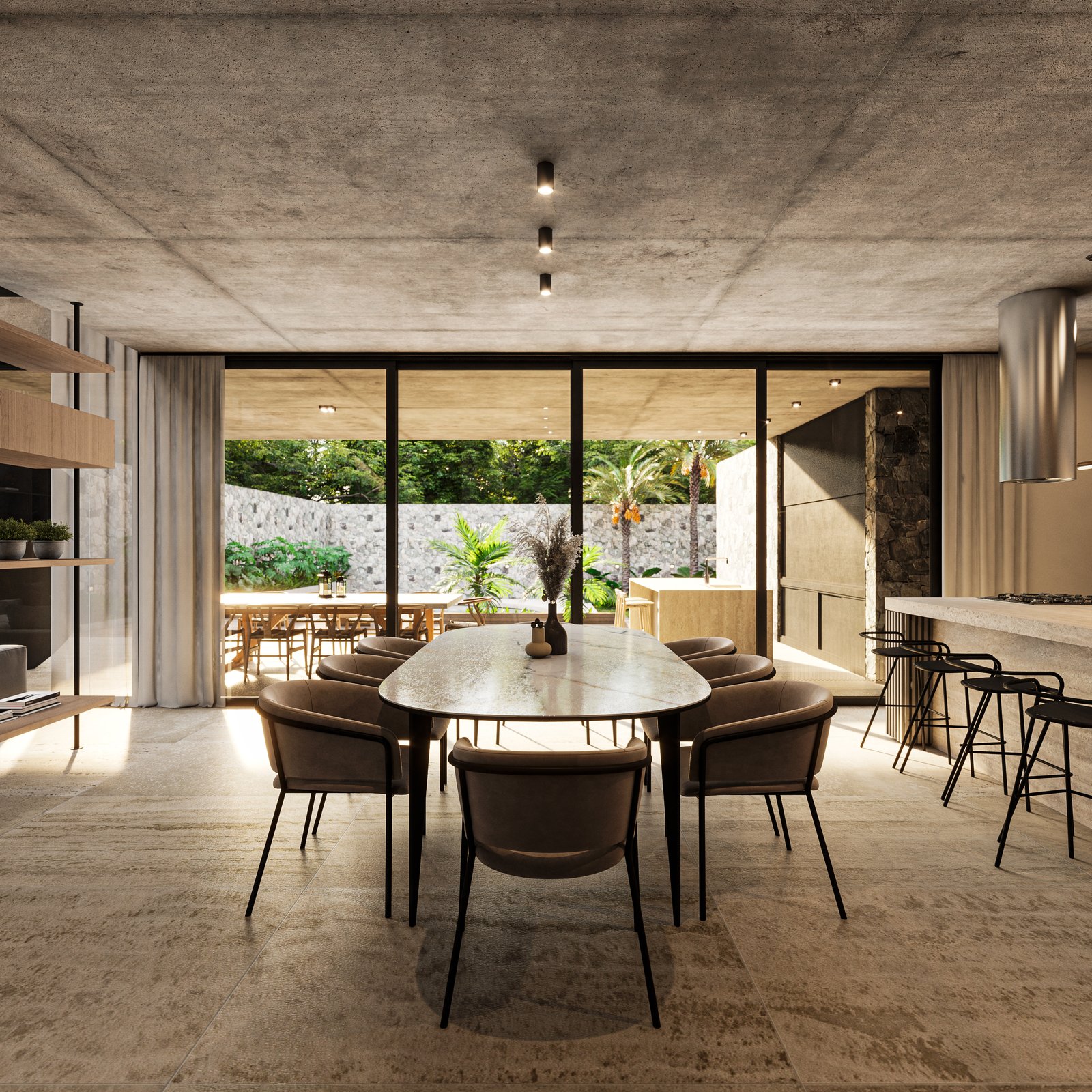 Comedor moderno con techo de hormigón visto y ventanales amplios — proyecto Casa MITO, por Grupo CRBN, en Ituzaingó