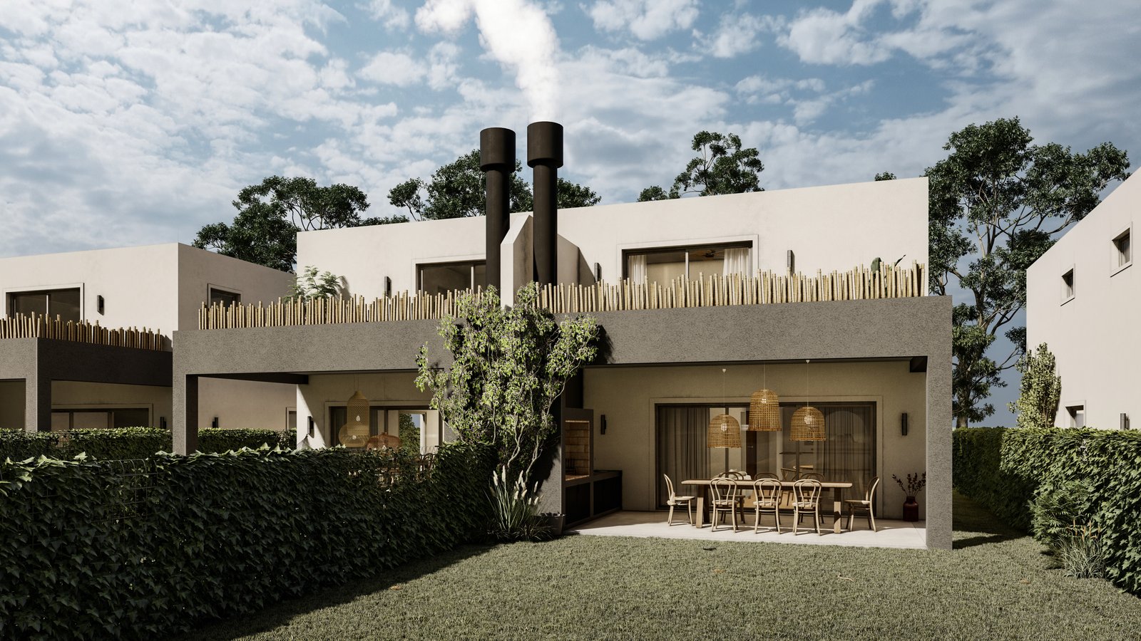 Fachada moderna de casa com pátio e churrasqueira — projeto TownHouses TresPinos, por G5arquitectos, em Gral. Rodríguez