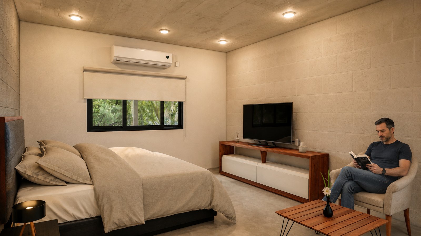 Quarto moderno com paredes de concreto e vista para floresta — projeto Casa Del Limonero, por WILSON ARQUITECTURA, em Presidente Derqui