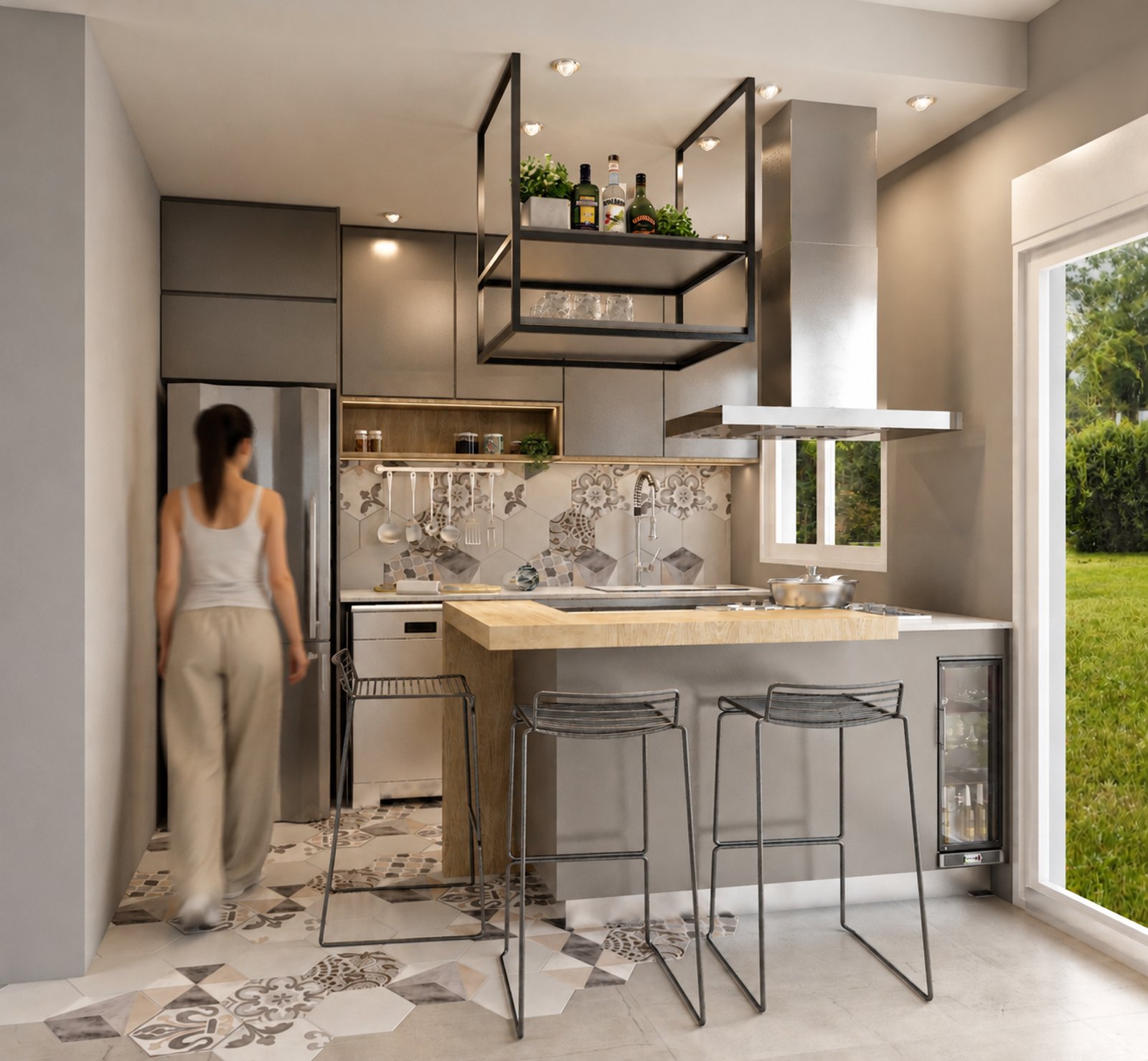 Cozinha moderna com ilha central e prateleiras suspensas — projeto Diseño interior en Quincho, por nn.interiorismo, em Necochea 4225