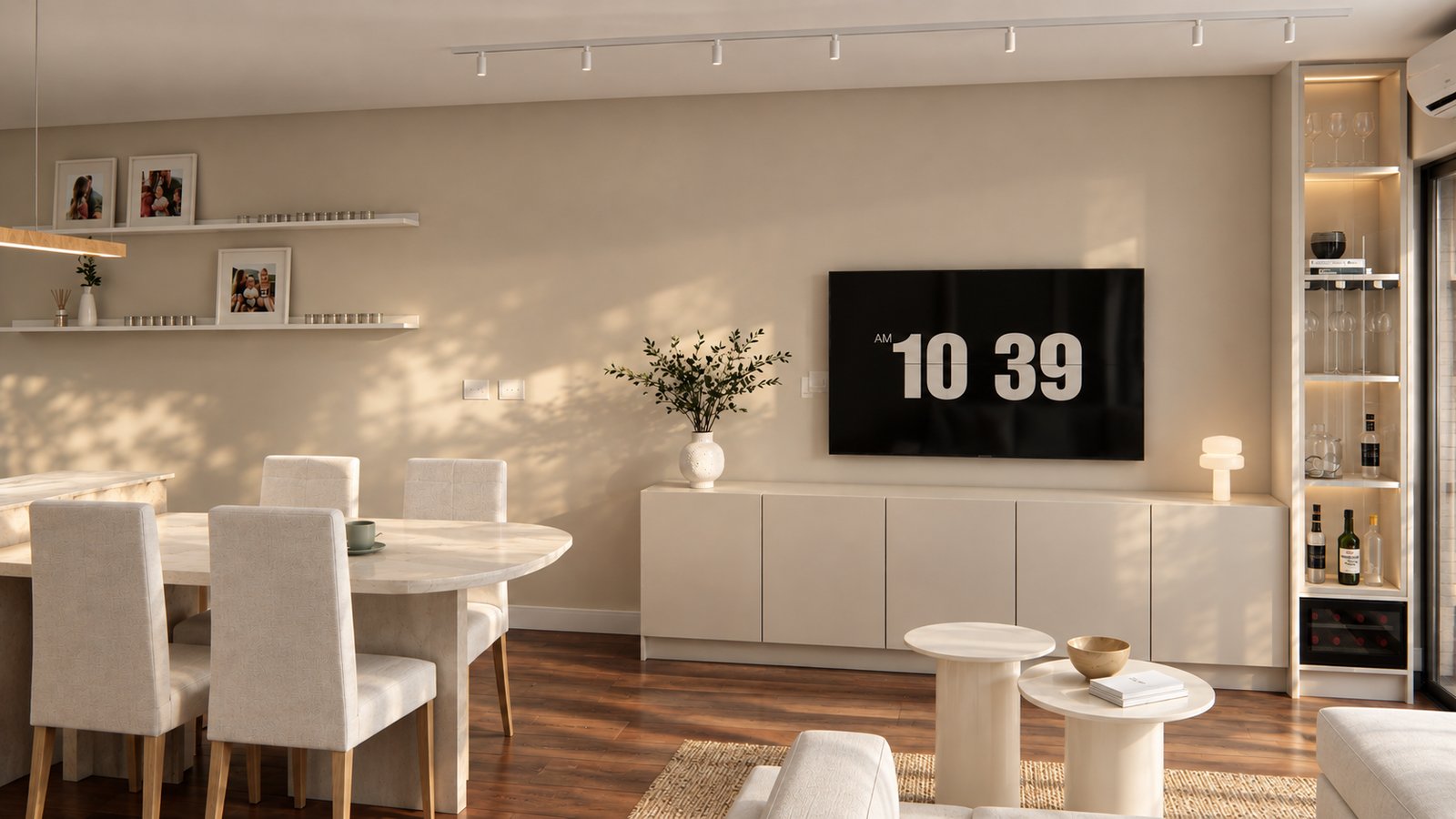 Living comedor moderno escandinavo con muebles integrados — proyecto Reforma de departamento minimalista , por Mela Deco Design, en Buenos Aires