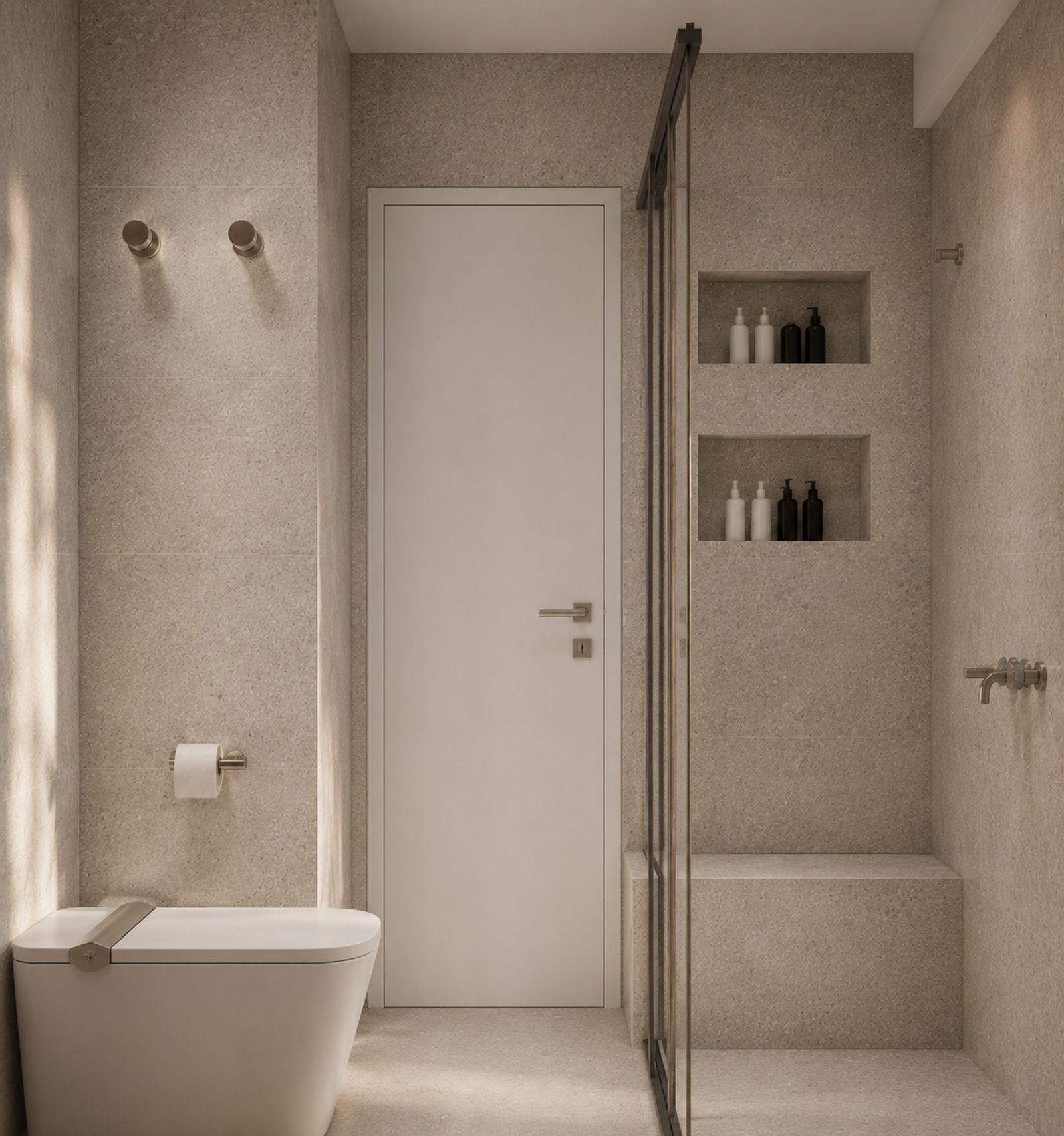 Baño moderno minimalista con bañera exenta y estanterías empotradas — proyecto Reforma departamento minimalista , por Mela Deco Design, en Buenos Aires