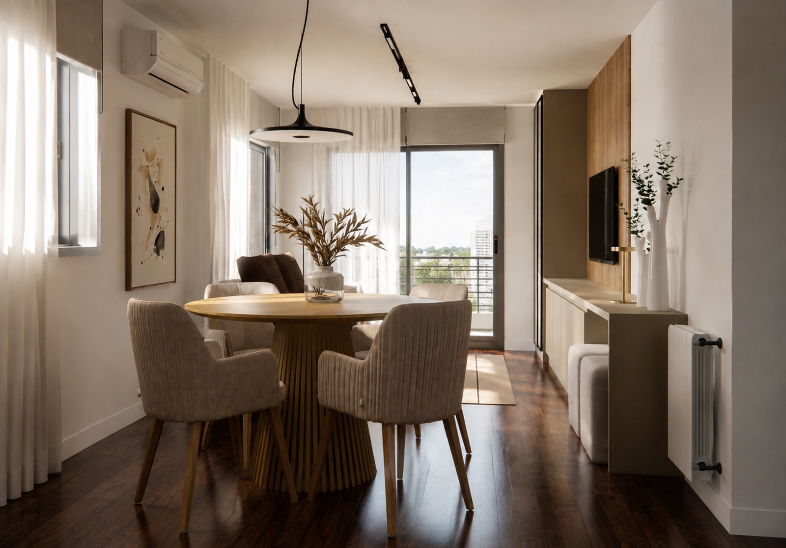 Comedor moderno con mesa redonda y sillas de diseño — proyecto Diseño cálido de departamento, por Mela Deco Design, en Rosario