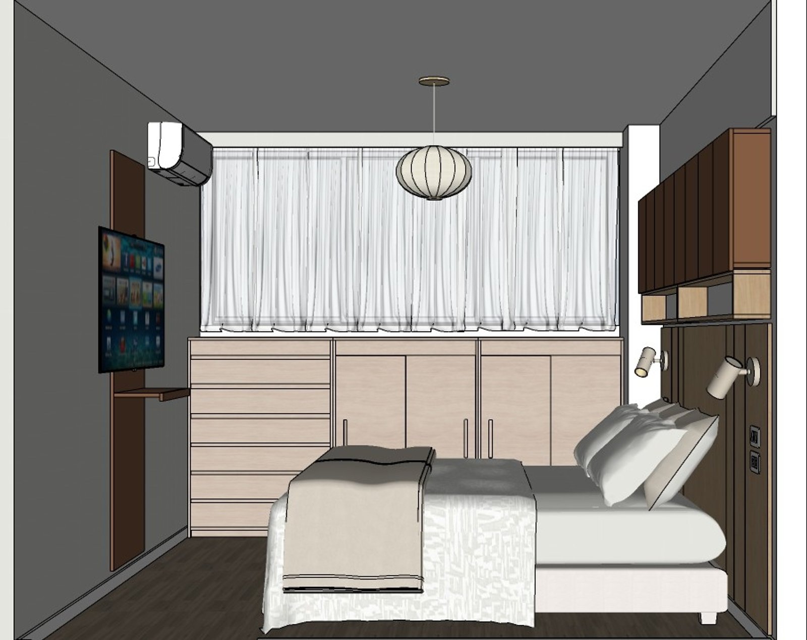 Dormitorio moderno con amplios armarios de madera y gran ventana — proyecto Beiro49 C&J, por Casa Fi, en Villa Devoto