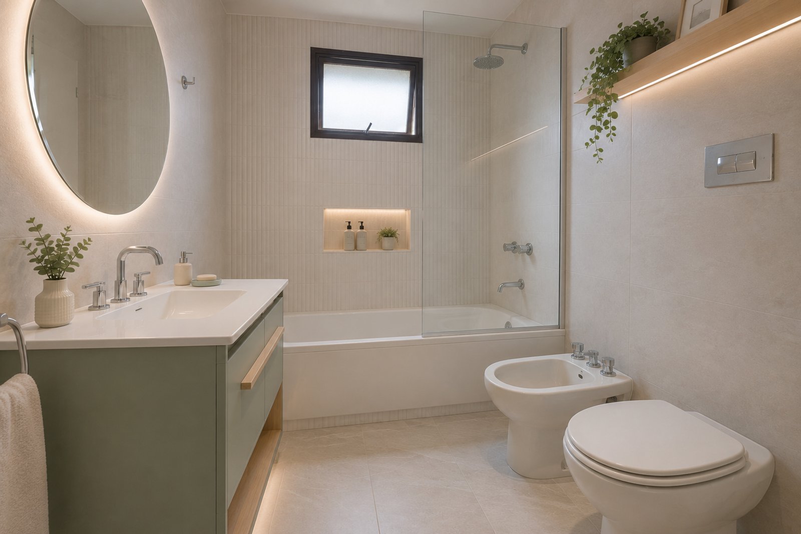 Baño moderno con ducha de vidrio y vanitory verde — proyecto Reforma Lopez, por Inva interiorismo, en San Fernando