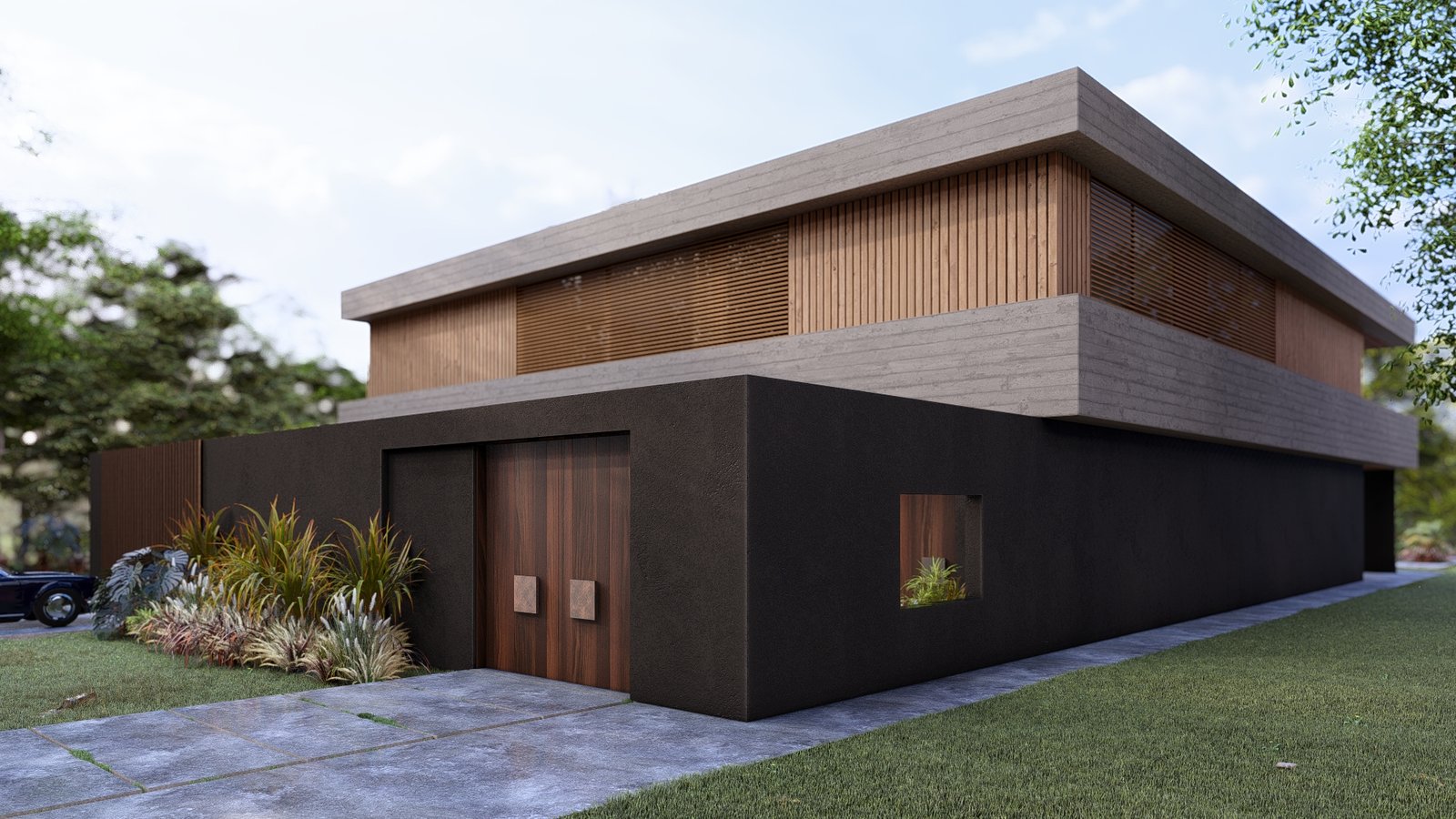 fachada moderna con madera y hormigón oscuro — proyecto Casa ML, por Hermann Arquitectos, en Avenida del Golf s/n