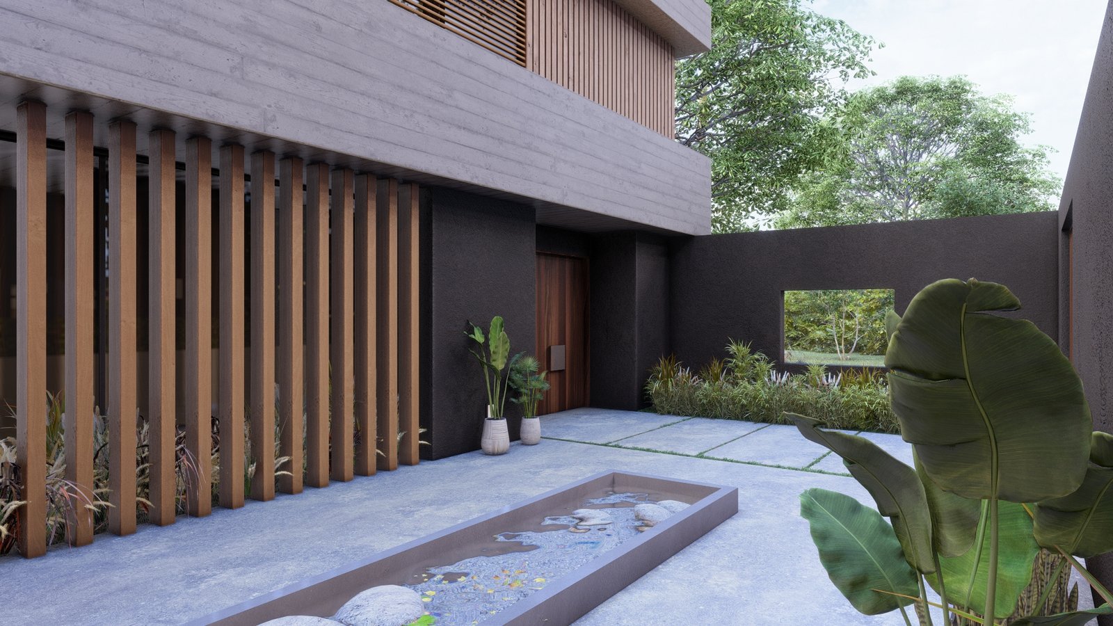 Fachada moderna con listones de madera y fuente integrada — proyecto Casa ML, por Hermann Arquitectos, en Avenida del Golf s/n
