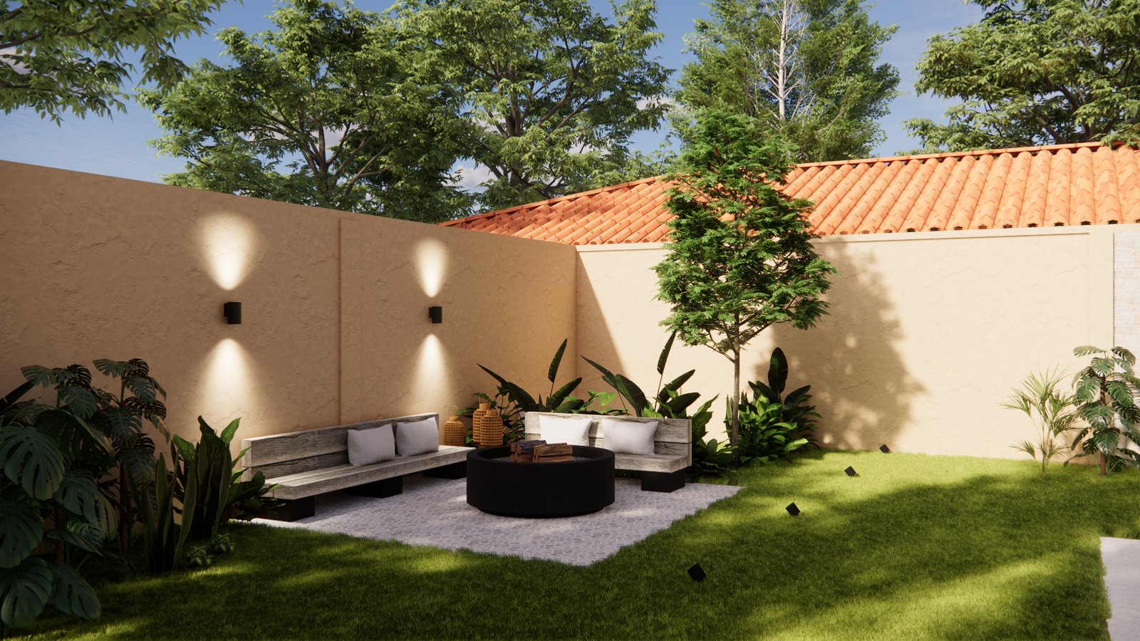 Patio moderno con sala de estar exterior y fogón — proyecto Diseño de galería y fogonero, por Mela Deco Design, en Buenos Aires