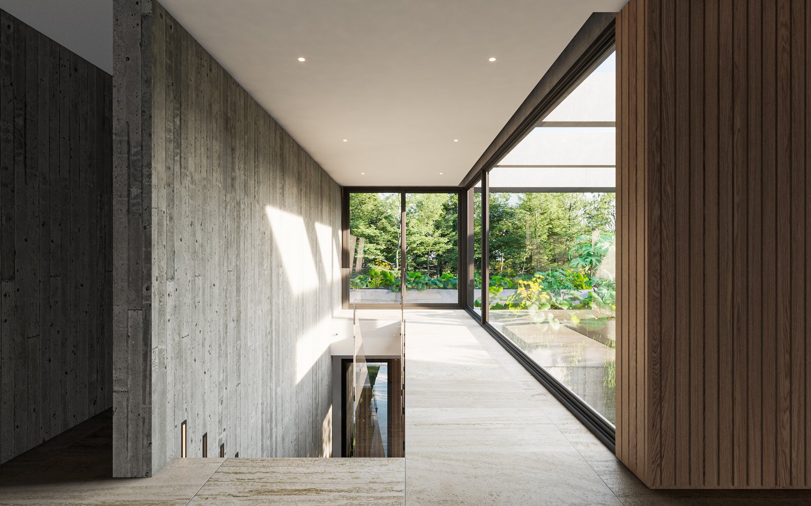 Pasillo moderno con escaleras flotantes y vistas al bosque — proyecto Casa PUERTOS, por Grupo CRBN, en Provincia de Buenos Aires