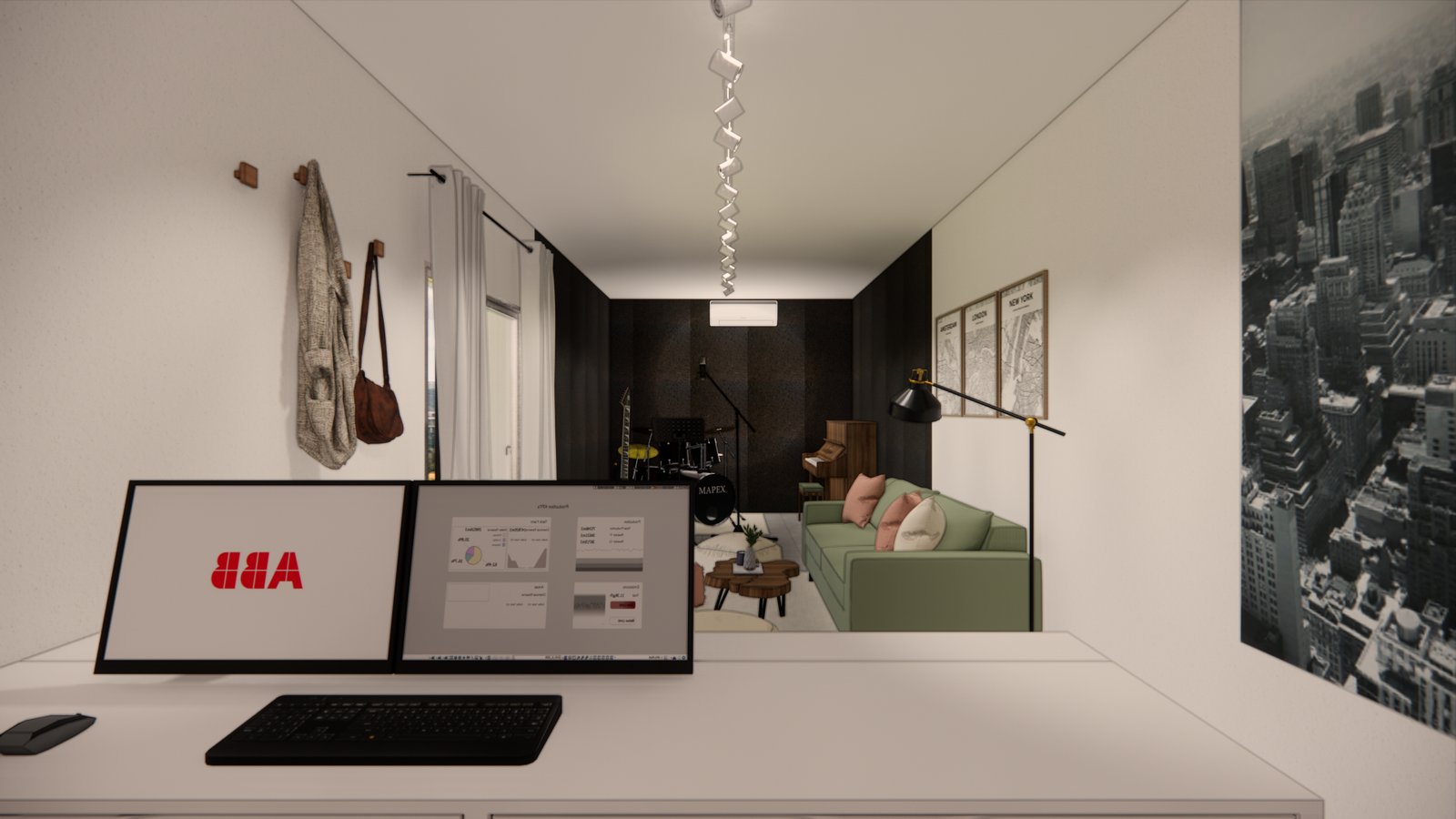 Oficina y sala de estar integradas, estilo moderno — proyecto ANTEPROYECTO SALA MULTIFUNCIÓN, por Todo con A, en Villa del Rosario