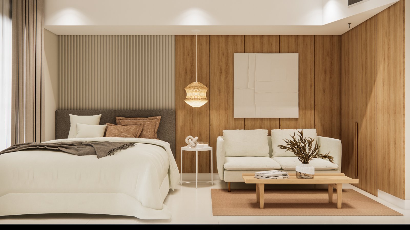 Quarto moderno com sala integrada e painéis de madeira — projeto Departamento funcional y acogedor, por Mela Deco Design, em Buenos Aires