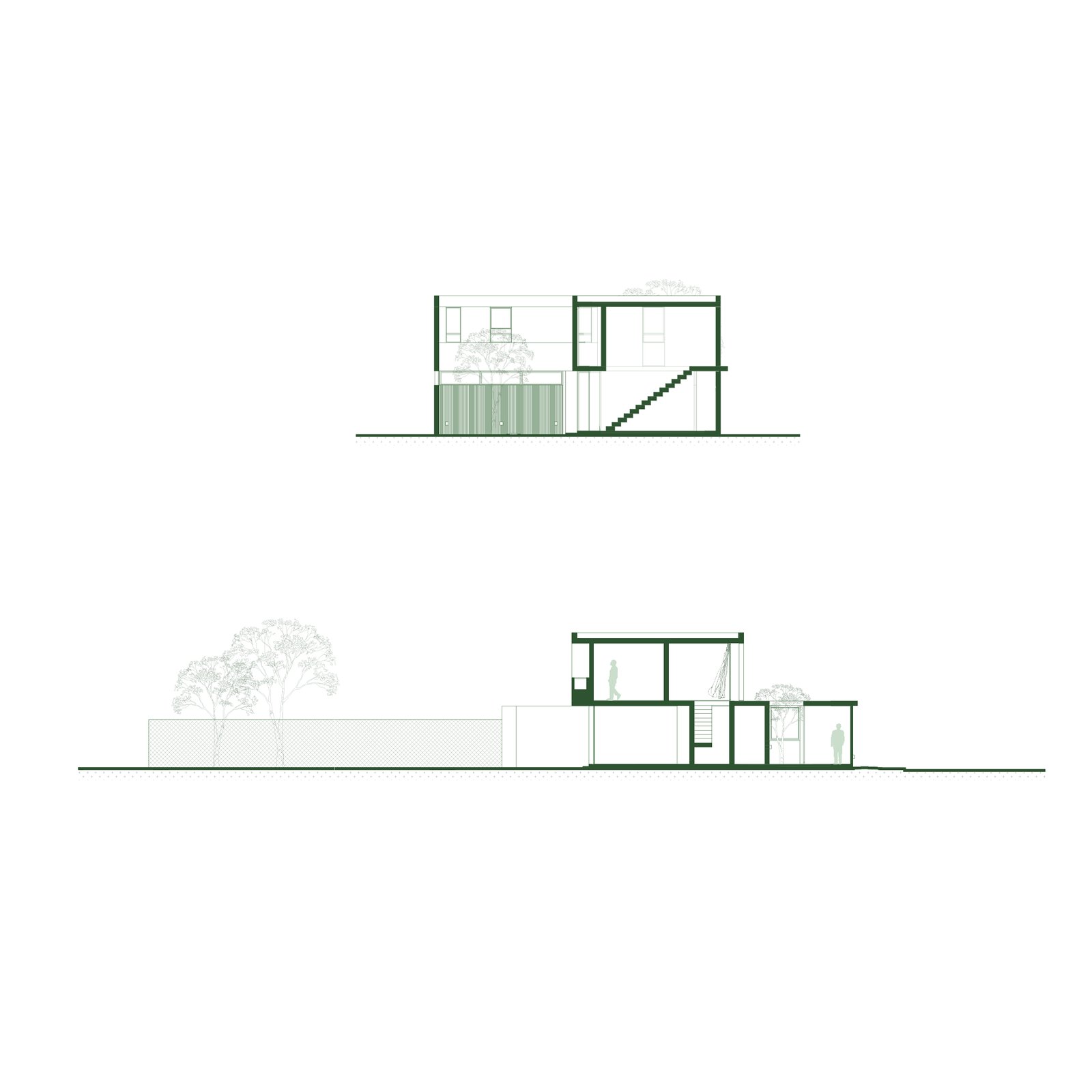 plantas de casa moderna com escada flutuante e vegetação — projeto T14 - CASA PARASOLES, por Estudio Llobet, em Pilar