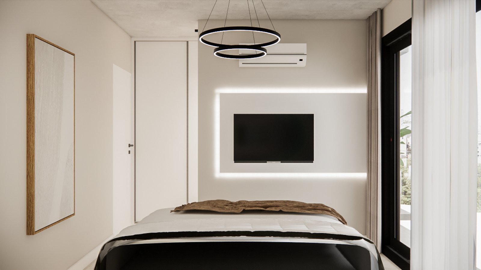 Quarto moderno minimalista com iluminação indireta e cama baixa — projeto Departamento integral, por Mela Deco Design, em Buenos Aires
