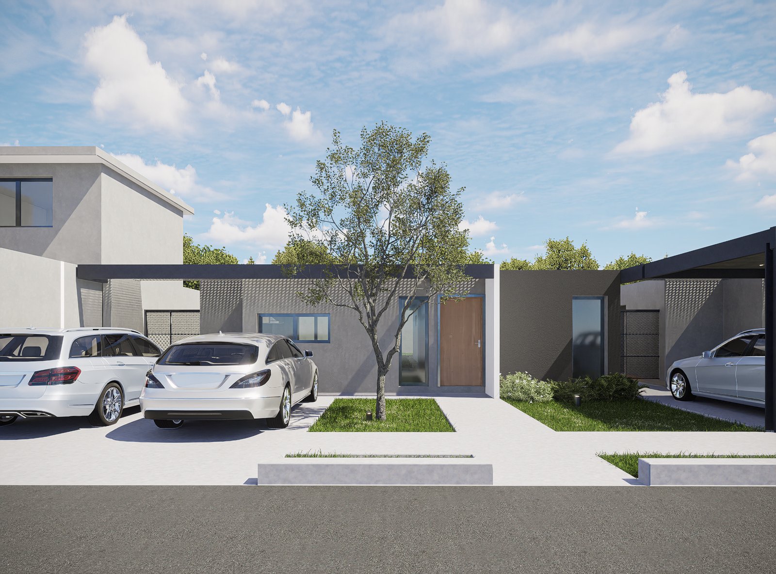 fachada moderna con lineas puras y vegetacion — proyecto Proyecto. Vivienda expandible, por condor estudio, en Mendoza