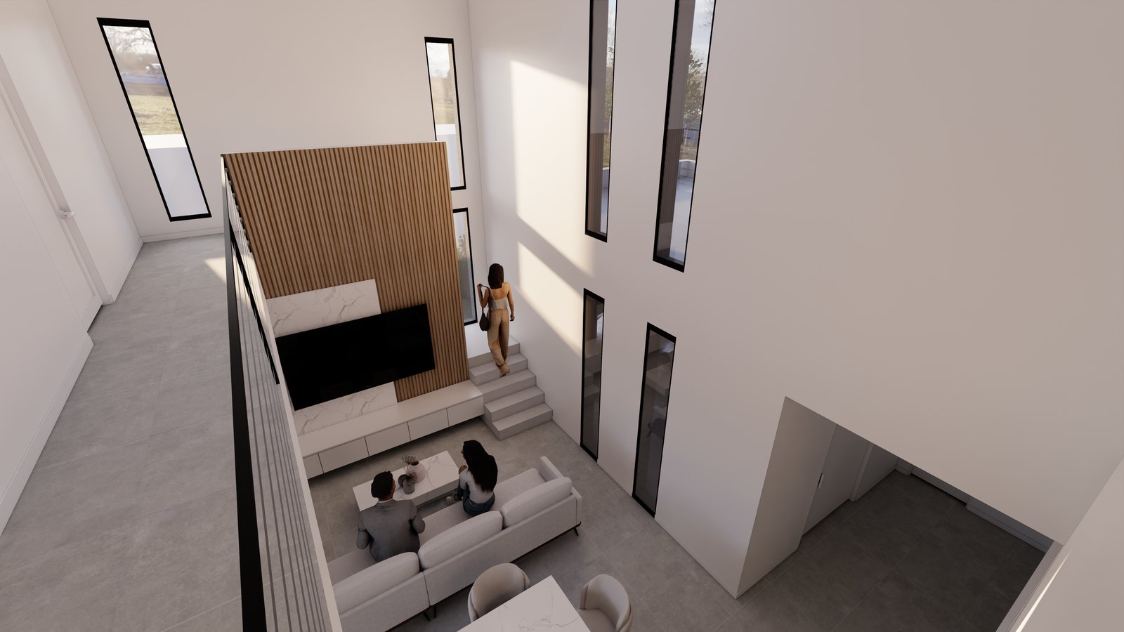 Living moderno de doble altura con pared de lamas de madera — proyecto Proyecto Z, por WILSON ARQUITECTURA, en Pilar