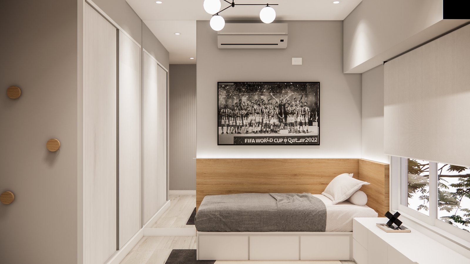 Quarto minimalista com armazenamento embutido e obra de arte P&B — projeto Habitación adolescente moderna, por Mela Deco Design, em Buenos Aires