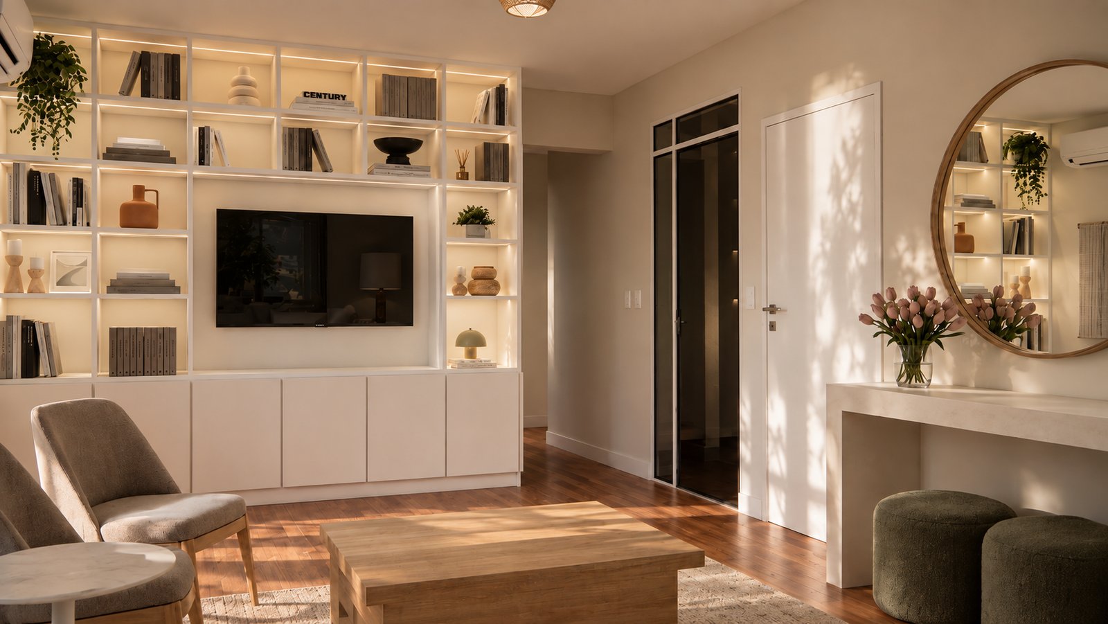 Living moderno con estanterías blancas integradas y luz cálida — proyecto Diseño de departamento flexible, por Mela Deco Design, en Buenos Aires