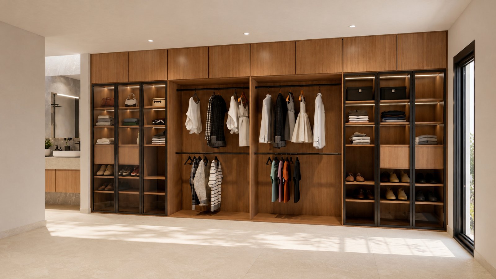 Closet moderno e espaçoso com marcenaria em madeira e vidro — projeto Casa Residencial, por Eniraestudio, em Salto