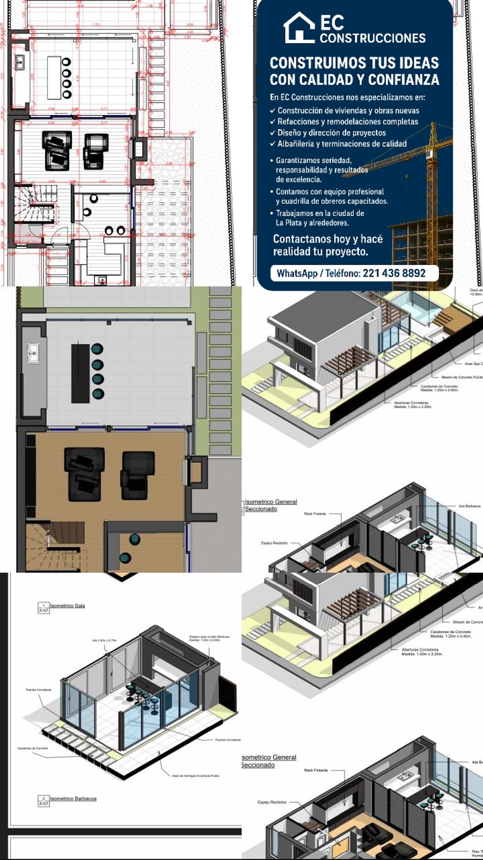 Planta arquitetônica de casa moderna com detalhes em madeira — projeto Construimos sin limites, por EC Construcciones, em La Plata