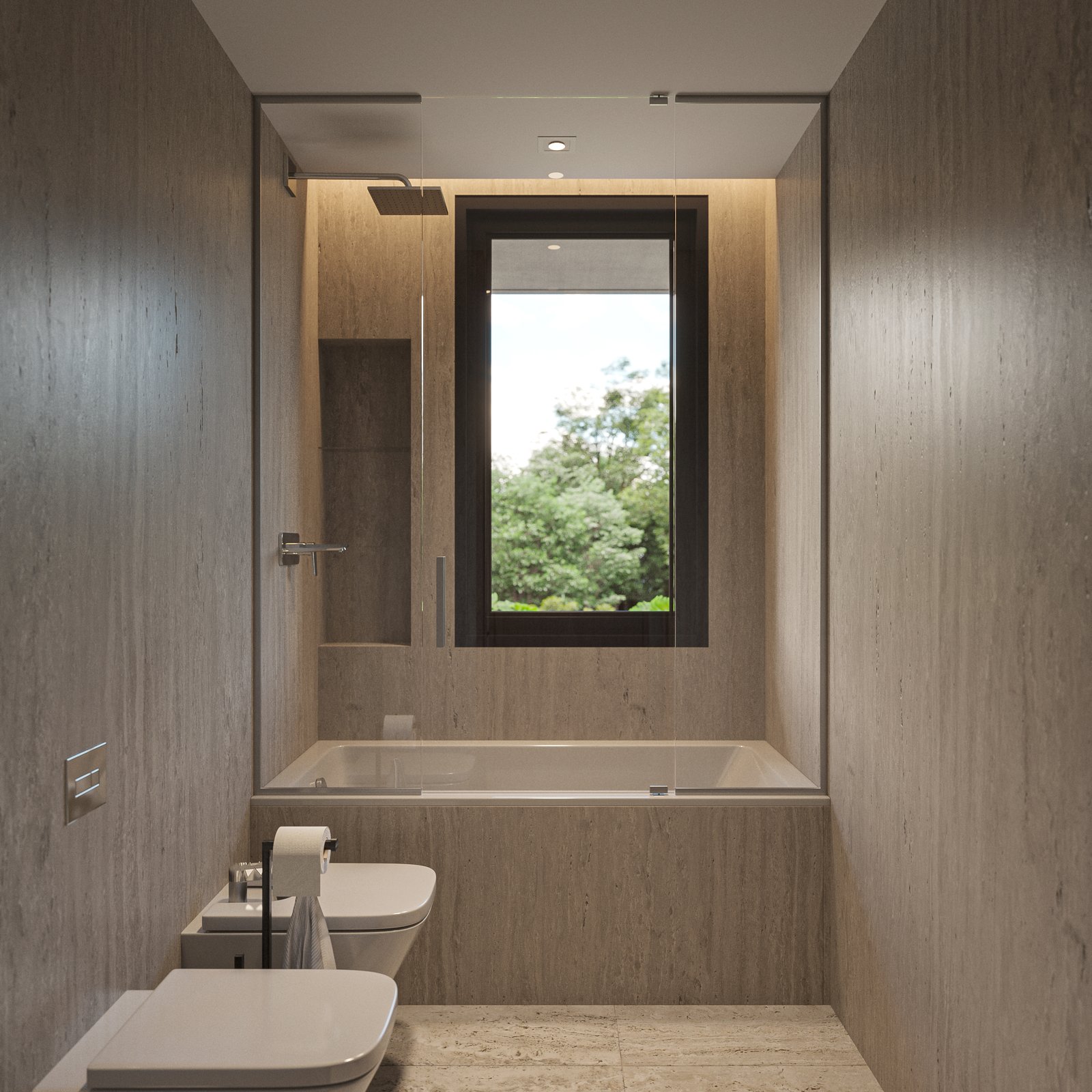 Baño moderno con ventana grande y revestimiento de piedra — proyecto Casa CALMA, por Grupo CRBN, en Av. de los Lagos 100