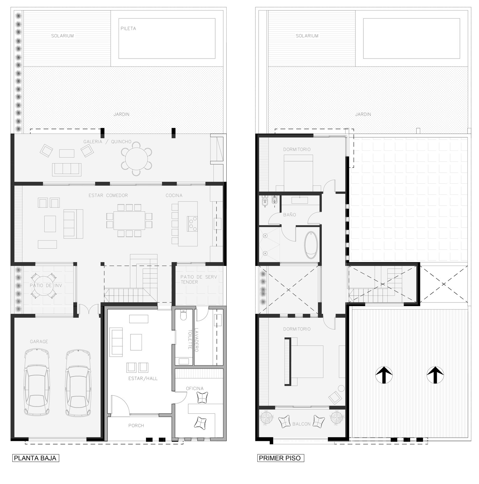 plano arquitectónico de casa moderna de dos plantas — proyecto Casa JU, por CREARQ estudio, en La Pampa