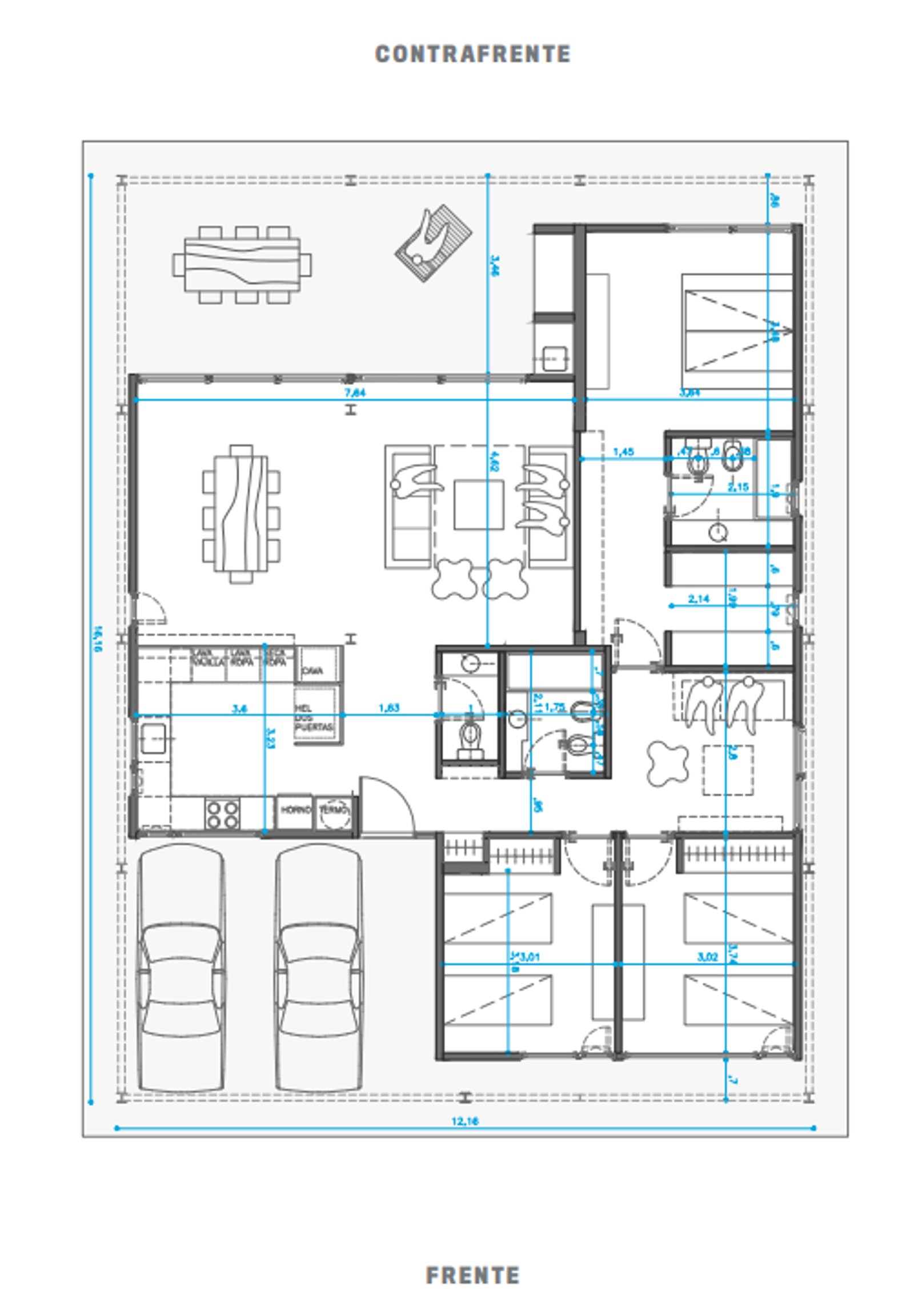 Planta de casa moderna com dois carros e espaços definidos — projeto MIES 192, por CASAS MIES